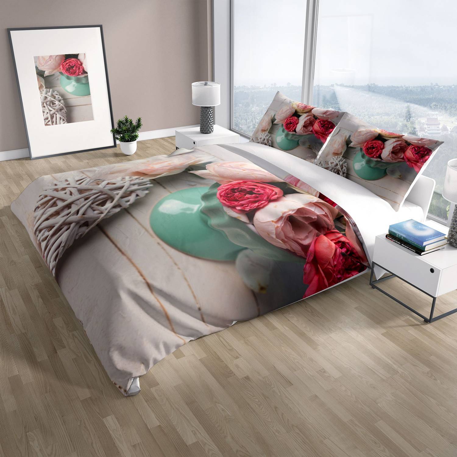 Набір постільної білизни Cattleya Rose Love 3D з бавовняного сатину на двоспальне ліжко 200x220 см з яскравими кольорами та унікальним дизайном