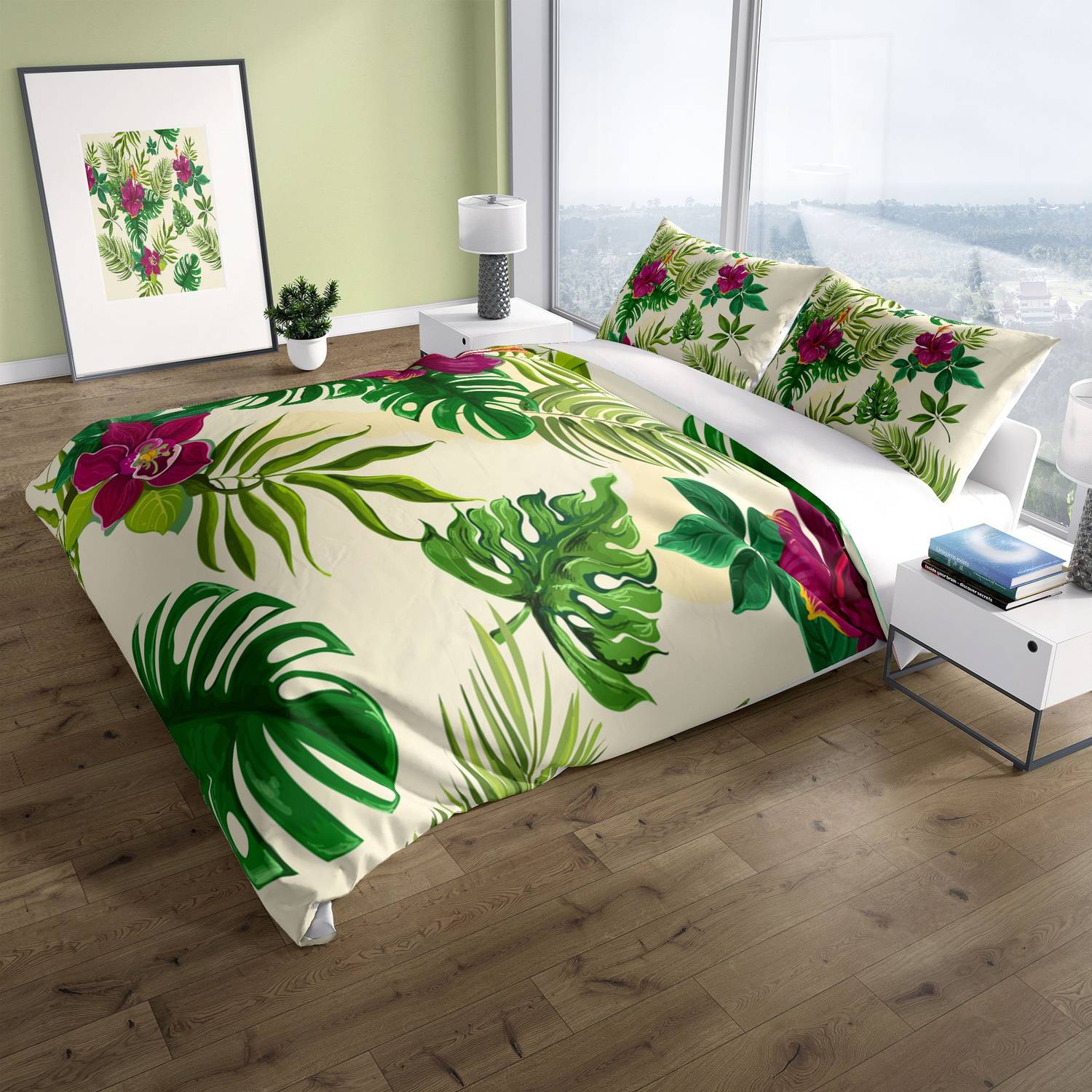 Комплект постельного белья PerlaSera Green 3D из хлопкового сатина на двуспальную кровать, 200x220 см, яркие цвета, качественный материал