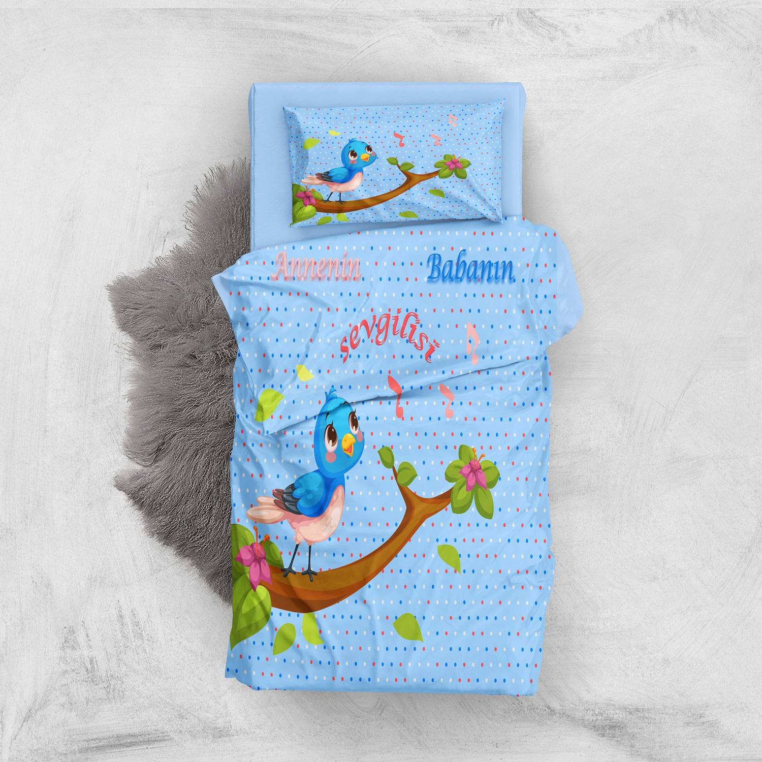 Набор постельного белья MonoHome Blue Chichk 3D из хлопкового сатина для детей, размер 100x160 см, с яркими цветами и высоким качеством ткани