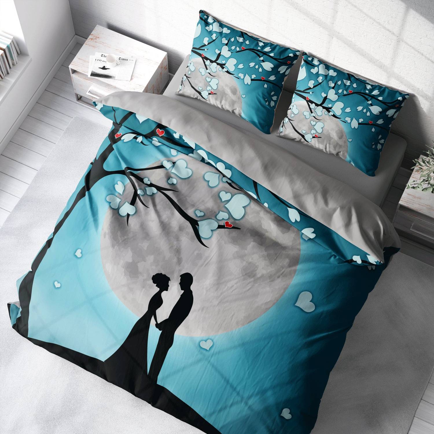 طقم غطاء لحاف مزدوج من الساتان القطني لعيد الحب من MonoHome ضوء القمر