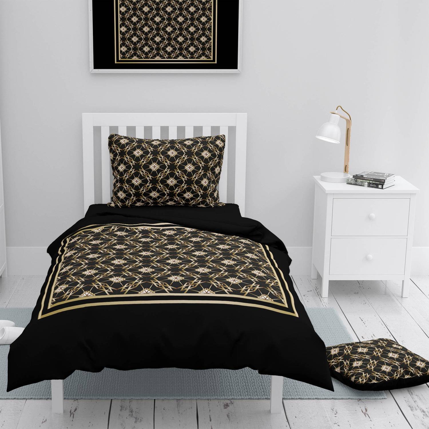 MonoHome Gold Deco 3D طقم غطاء لحاف مفرد من الساتان القطني