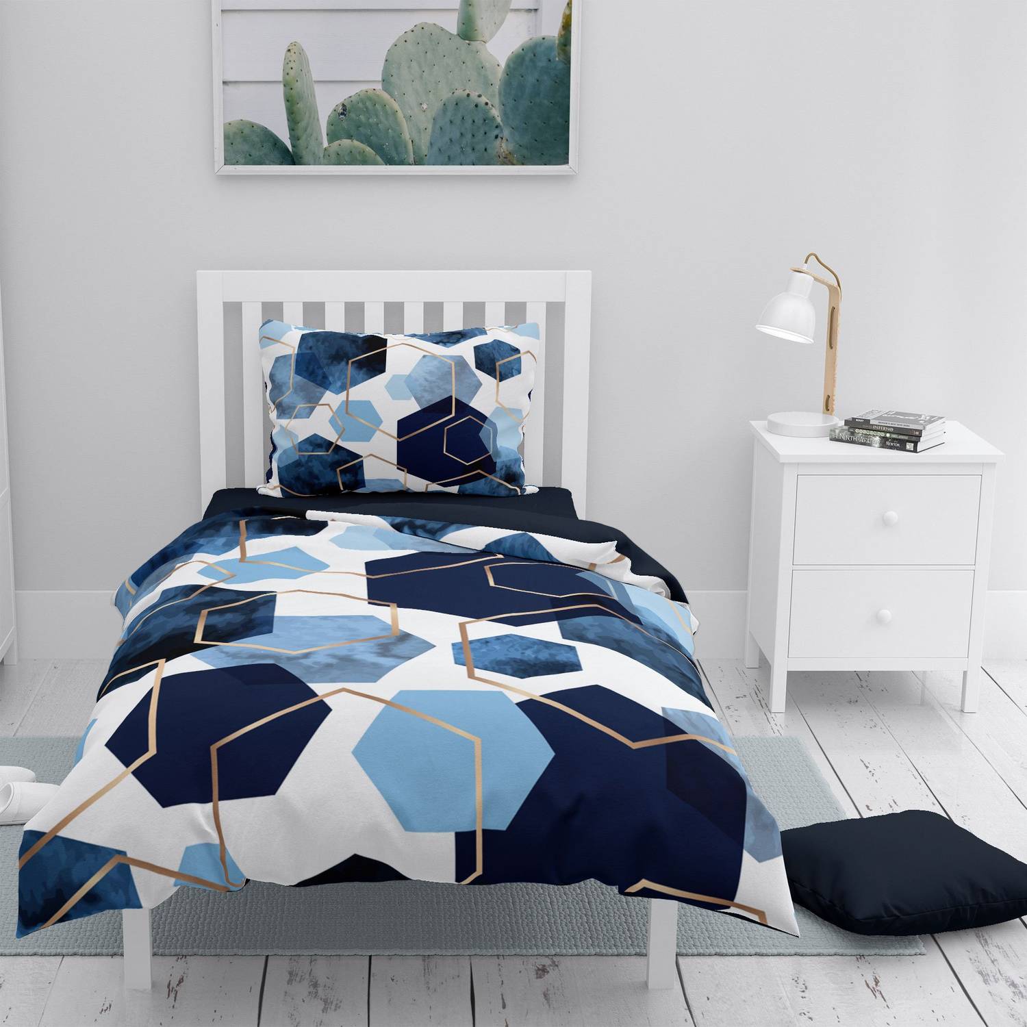 مجموعة غطاء لحاف مفرد من الساتان القطني ثلاثي الأبعاد باللون الأزرق السداسي من MonoHome