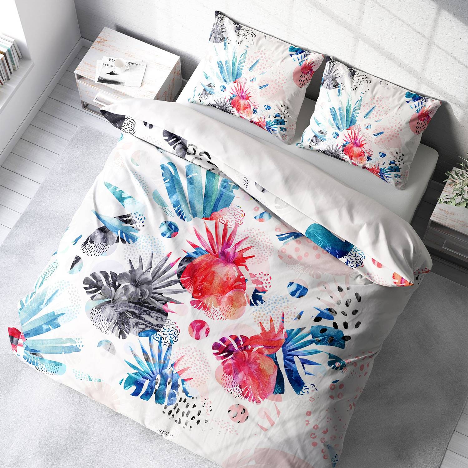MonoHome White Tropical 3D Cotton Satin Double Duvet Cover Set
