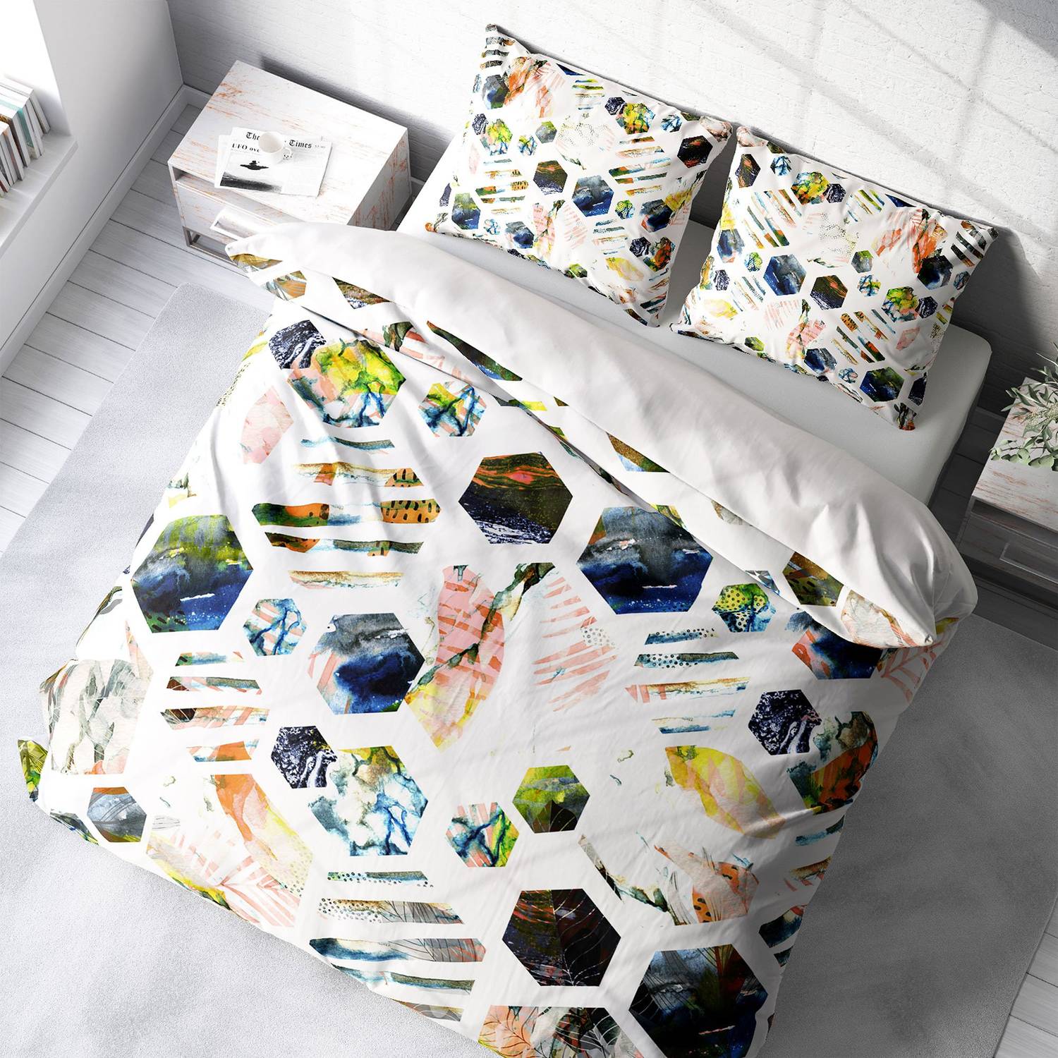 MonoHome Colorful Hexagon 3D Cotton Satin Double Duvet Cover Set