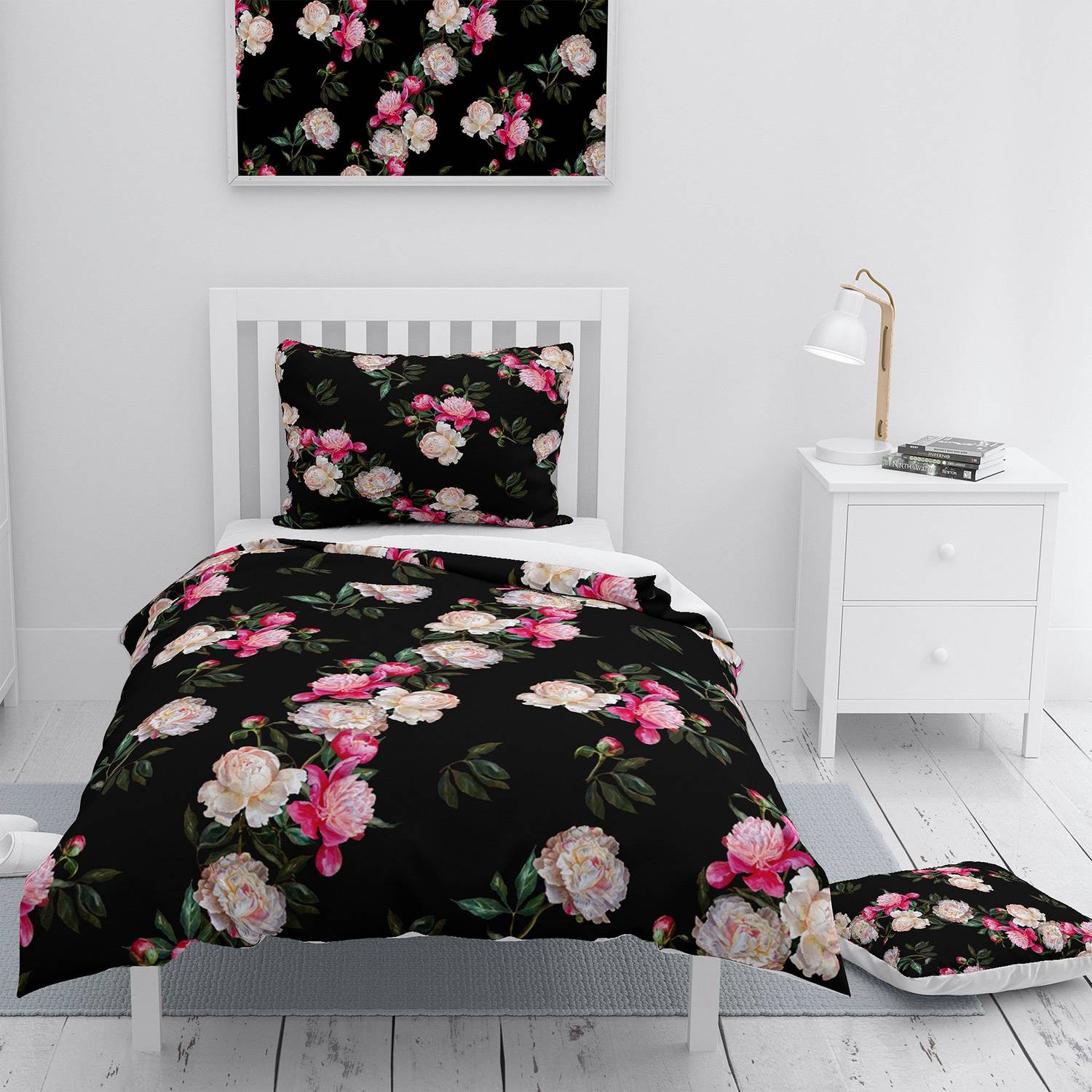 MonoHome Black Flower 3D Cotton Satin Single Duvet Cover Set