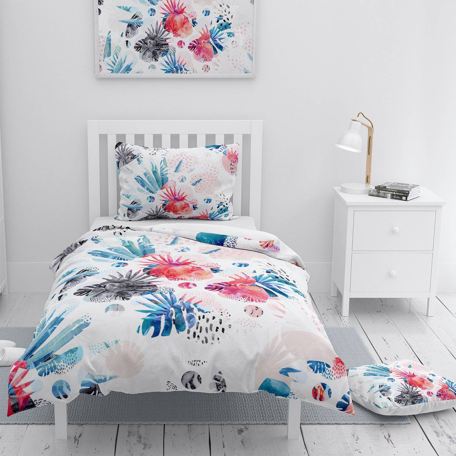 MonoHome White Tropical 3D Cotton Satin Single Duvet Cover Set