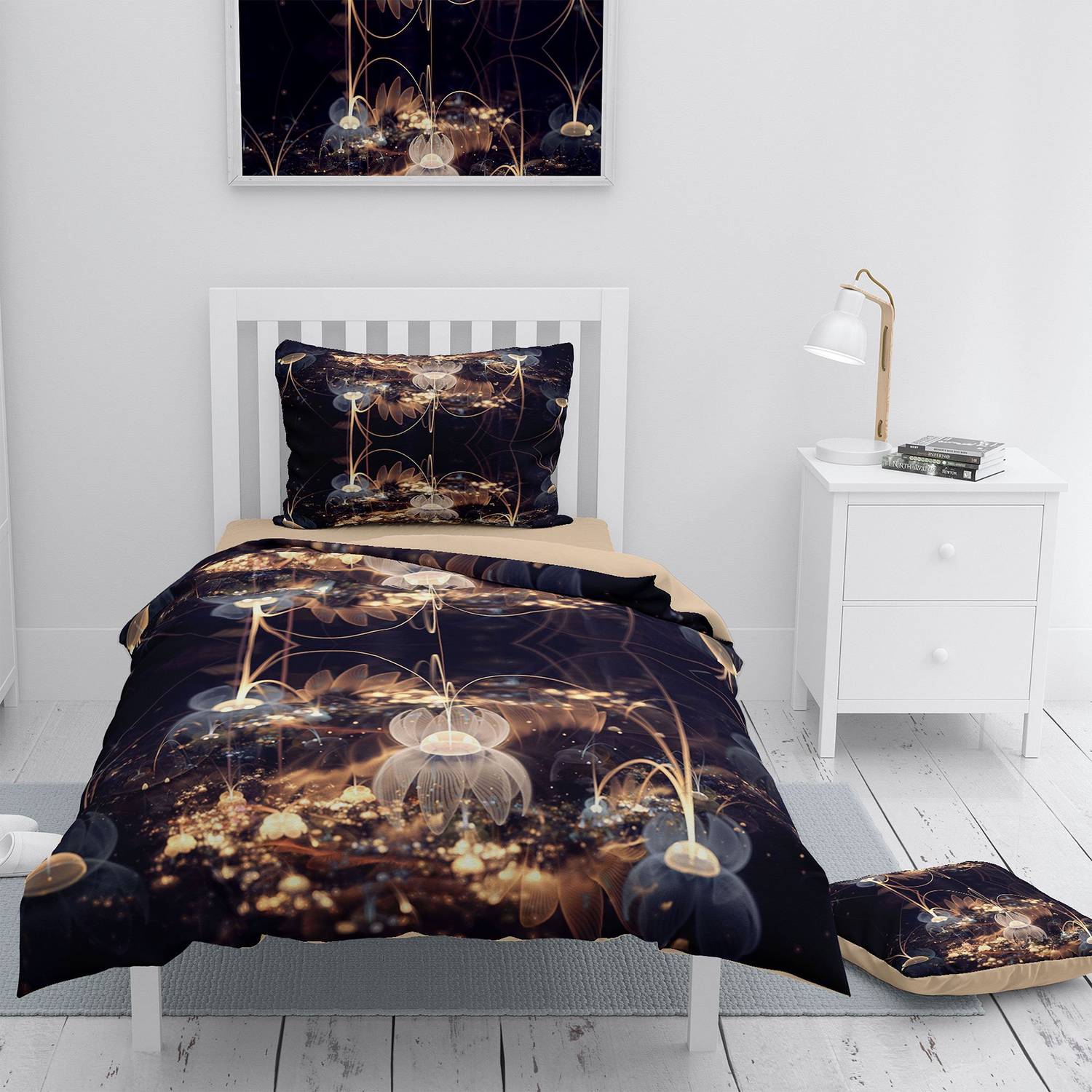 MonoHome Brown Lotus 3D Cotton Satin Single Duvet Cover Set