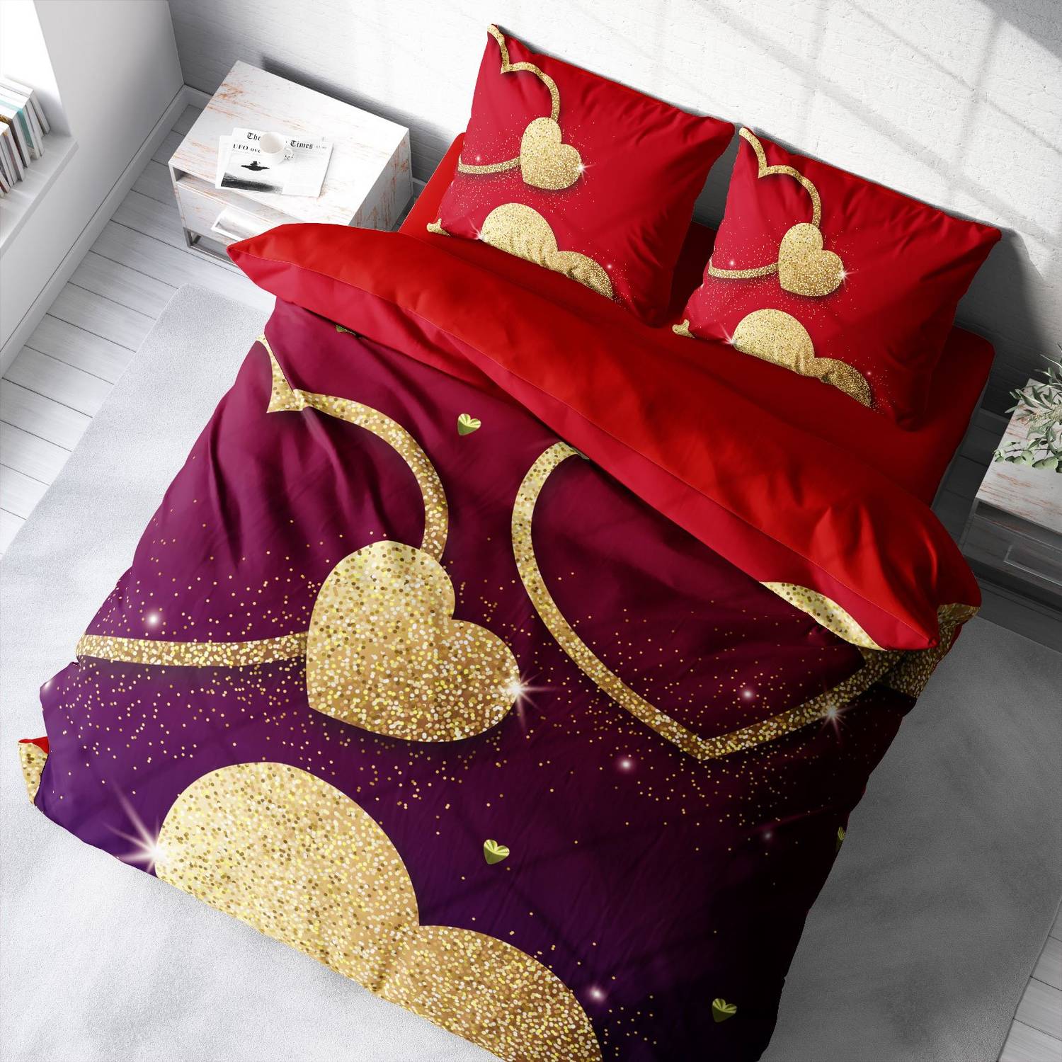 Комплект постельного белья MonoHome "Золотая любовь" из хлопкового сатина, двуспальный, 200x220 см, яркие цвета, экологичный, воздухопроницаемый, 100% хлопок