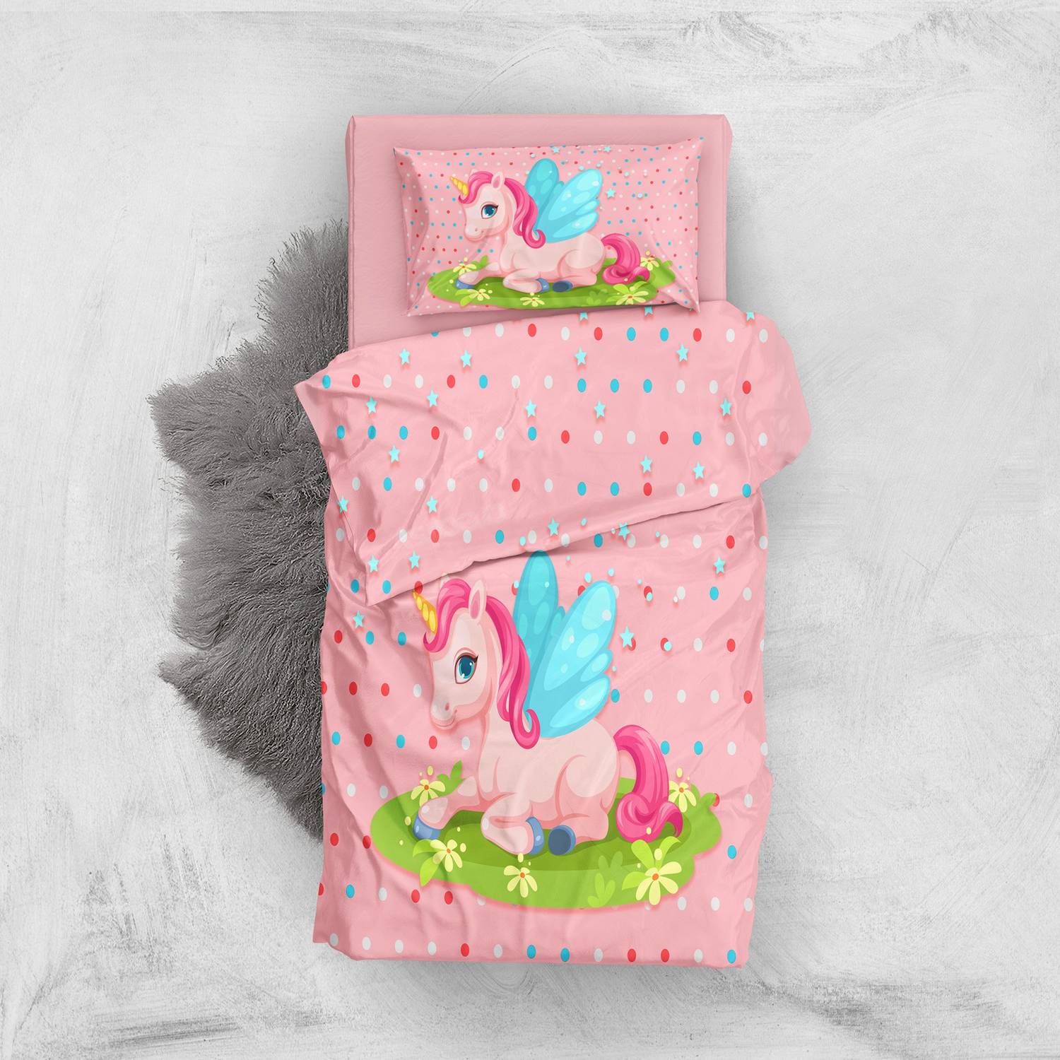 MonoHome Pink Unicorn 3D Cotton Satin Baby Duvet Cover Set