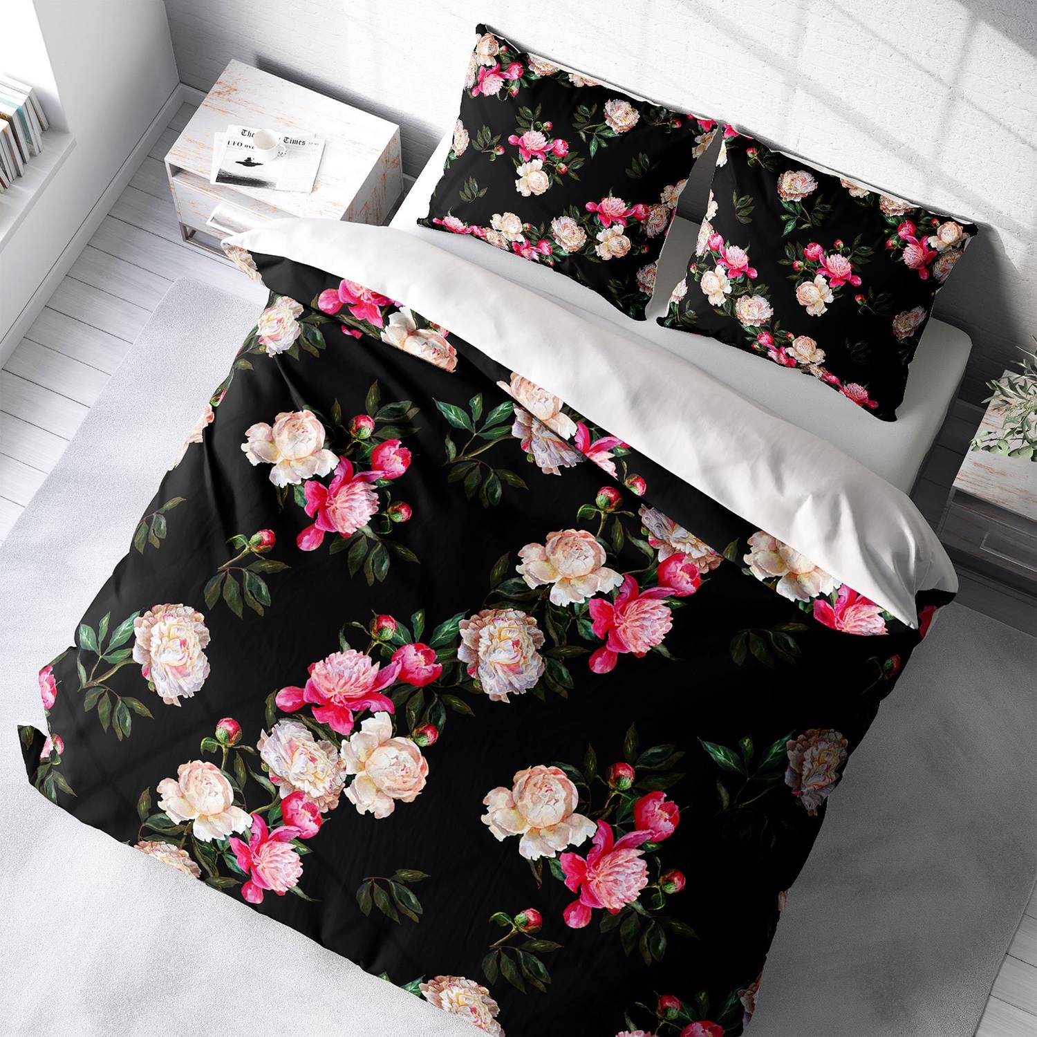 Набір постільної білизни MonoHome Black Flower 3D з бавовняного сатину для двоспального ліжка 200х220 см, яскраві кольори та комфортний матеріал