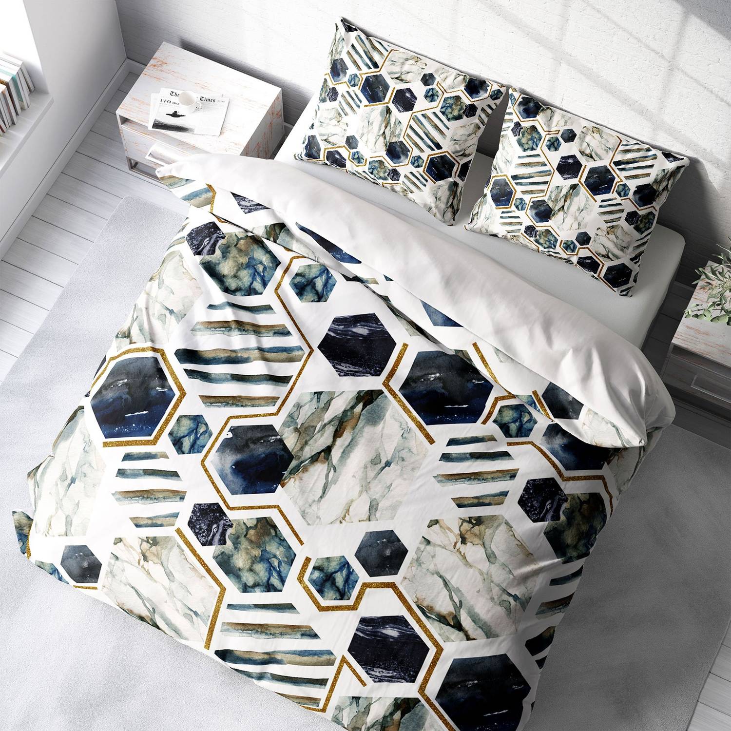 Комплект постільної білизни MonoHome з гексагональним 3D-дизайном з бавовняного сатину для двоспального ліжка, 200x220 см, живі кольори