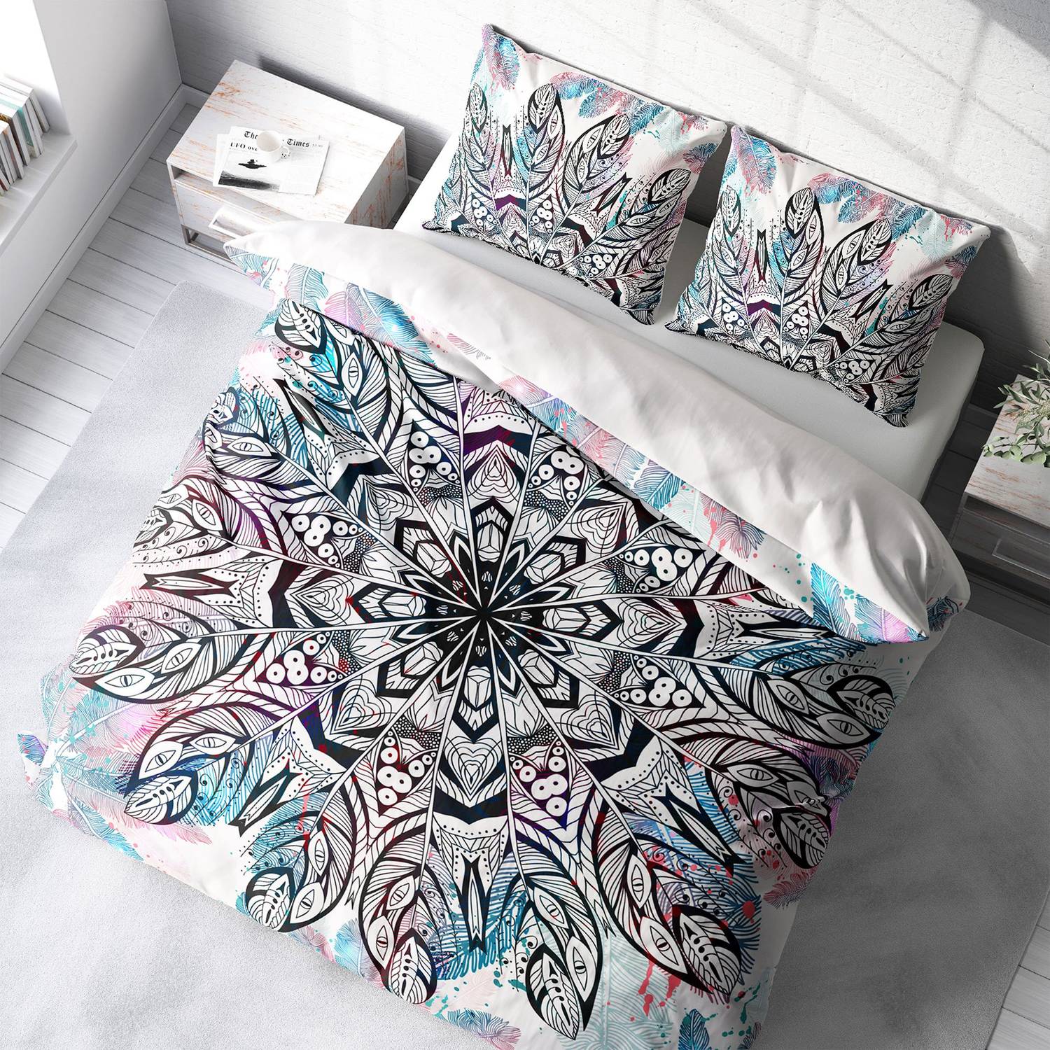 MonoHome Ethnic Mandala2 طقم غطاء لحاف مزدوج من الساتان القطني ثلاثي الأبعاد