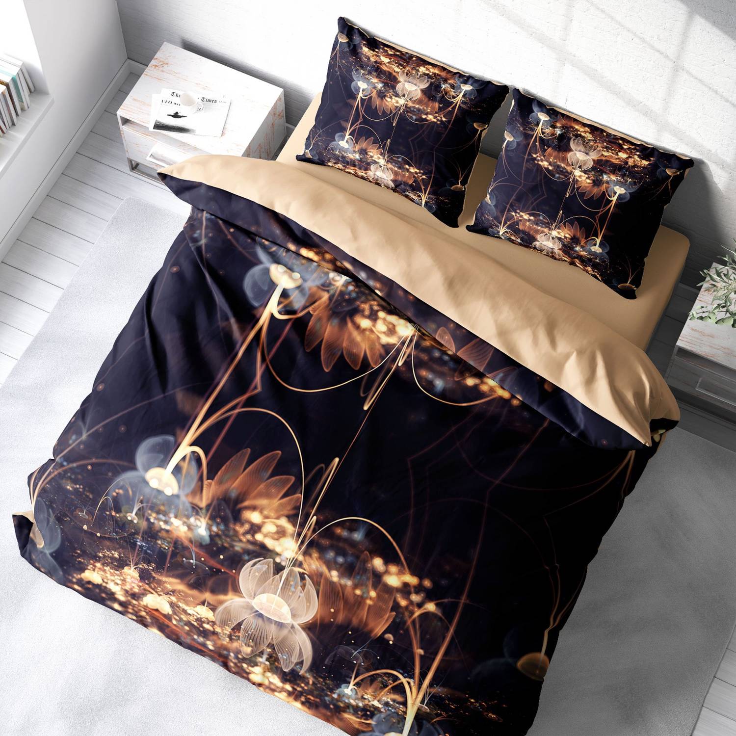 MonoHome Brown Lotus 3D Cotton Satin Double Duvet Cover Set