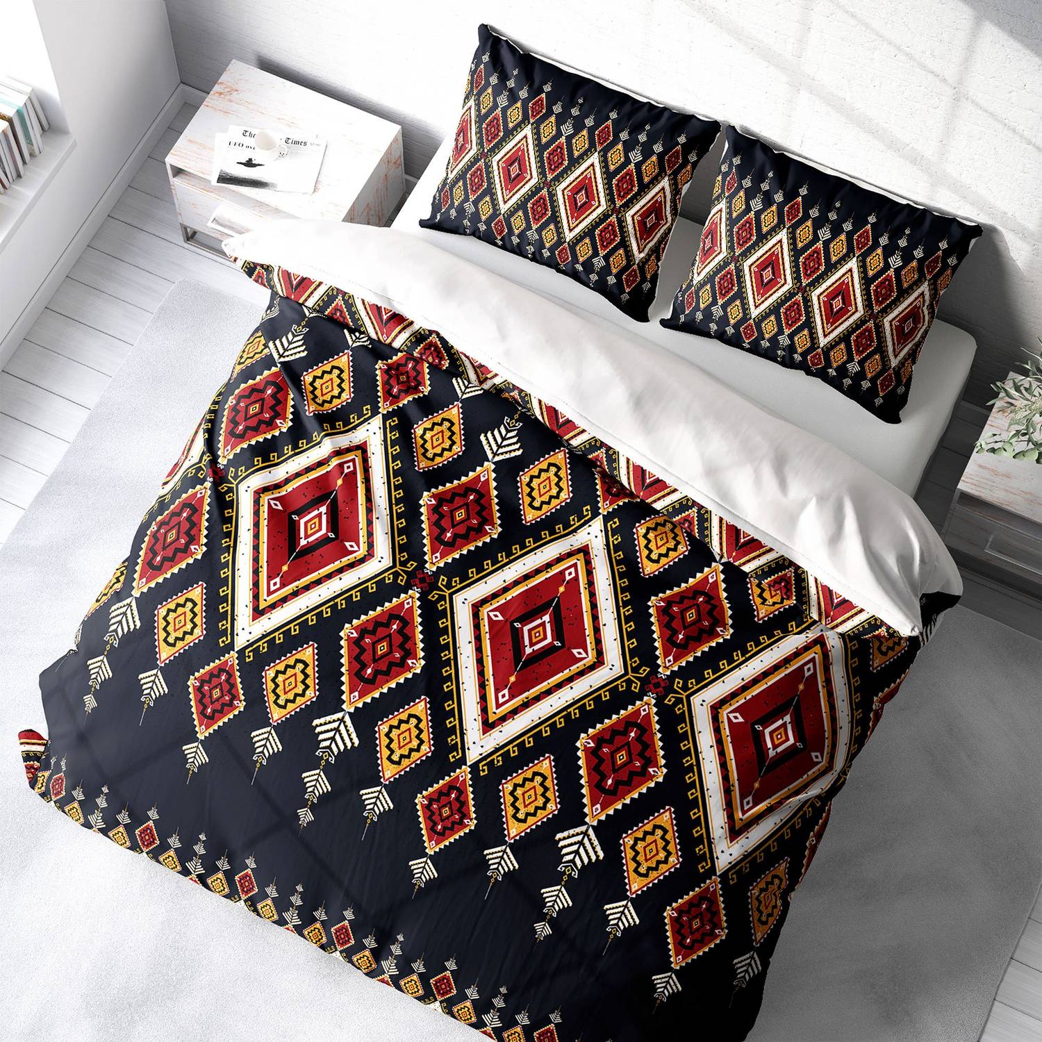 Комплект постільної білизни MonoHome Ethnic Geometric 3D з бавовняного сатину для двох, 200x220 см, живі кольори, преміум якість, гарантія від MonoHome