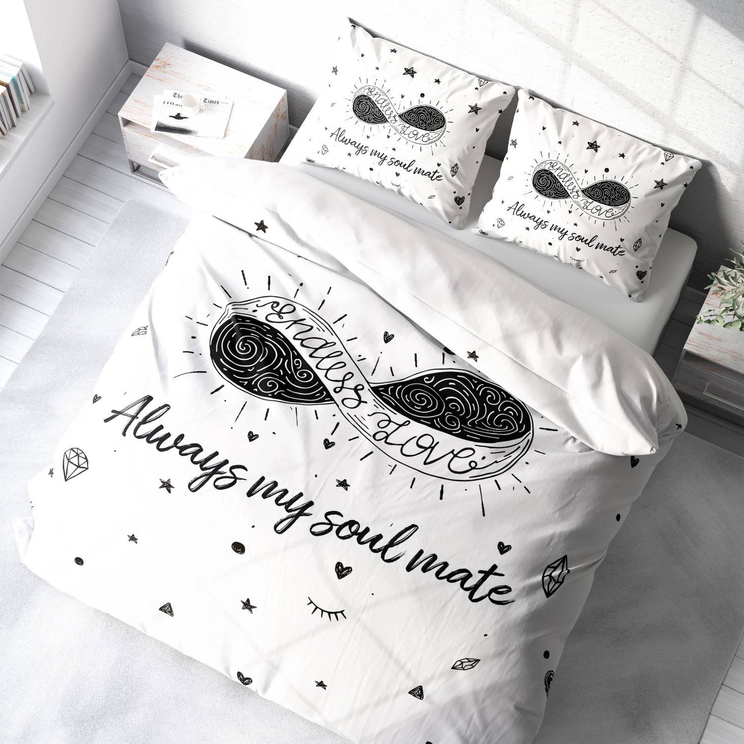 Комплект постельного белья MonoHome Soul Mate 3D из сатина, двуспальный, 200x220 см, цифровая печать, органическое хлопковое полотно, Oxford подушки
