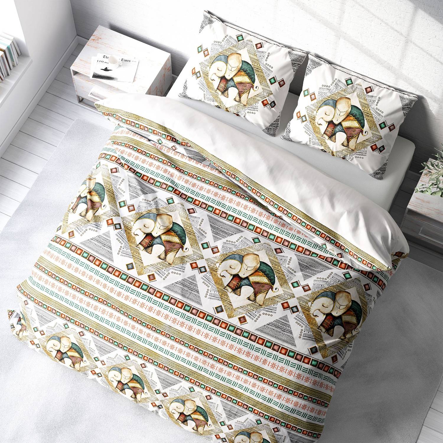 MonoHome Vintage Elephant 3D Cotton Satin Double Duvet Cover Set