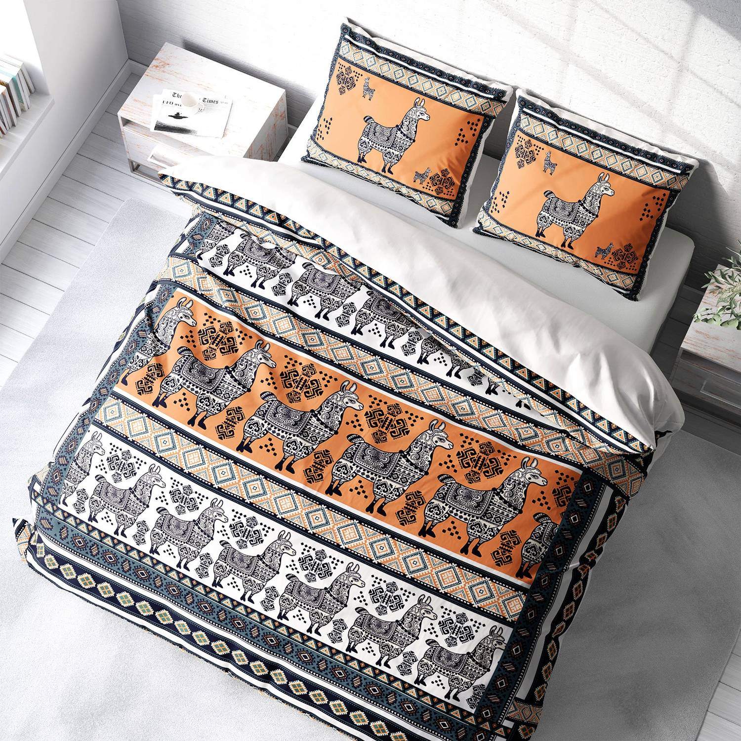 Комплект постельного белья двуспальный MonoHome Lama Tattoo 3D из хлопкового сатина, цифровая печать, живые цвета, размер 200x220 см, мягкий и воздухопроницаемый