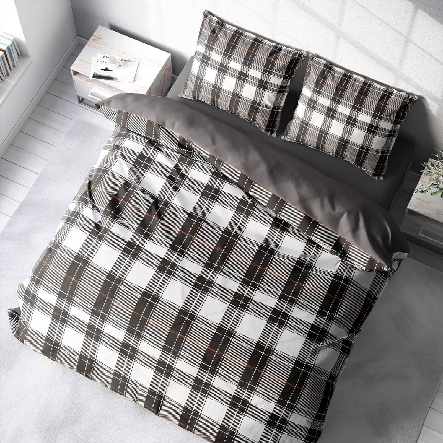 MonoHome Grey Ekose 3D Pamuk Saten Çift Kişilik Nevresim Takımı