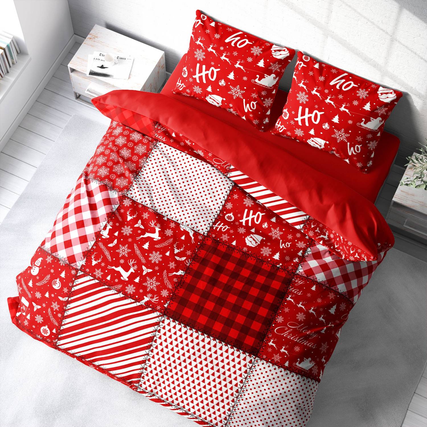 Комплект двуспального постельного белья Monohome Merry Christmas 3D из сатина, 200x220 см, с одеяльным чехлом и подушками в клетку