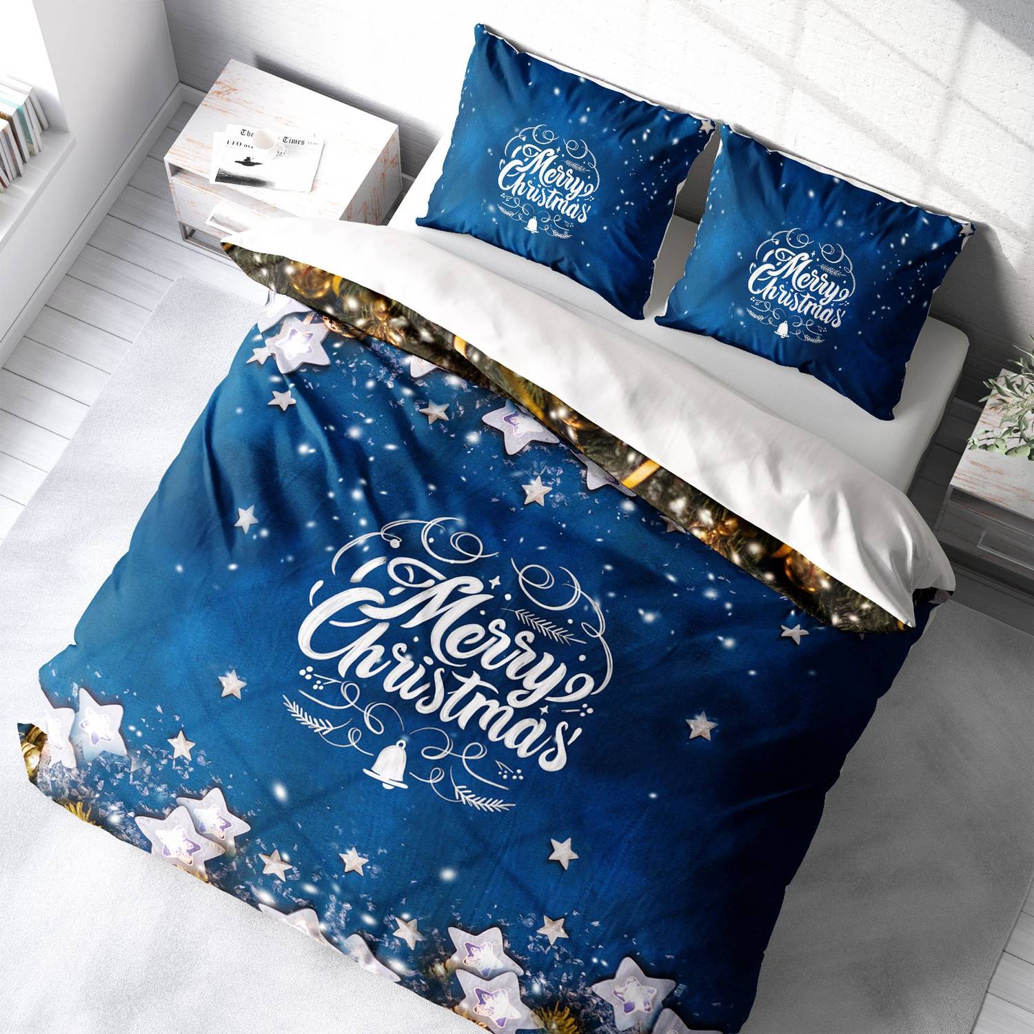 Комплект постельного белья Monohome Merry Christmas из сатина, 3D, синие звезды, двуспальный, 200x220 см, Oxford подушки, яркие цвета, высокое качество