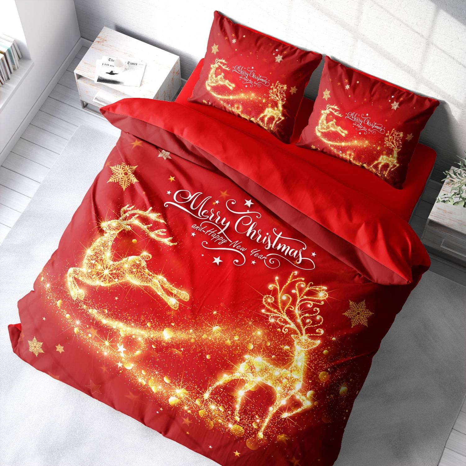 Monohome Christmas Ornament Merry Christmas Double 3D Duvet Cover Set Cotton Gold Deers