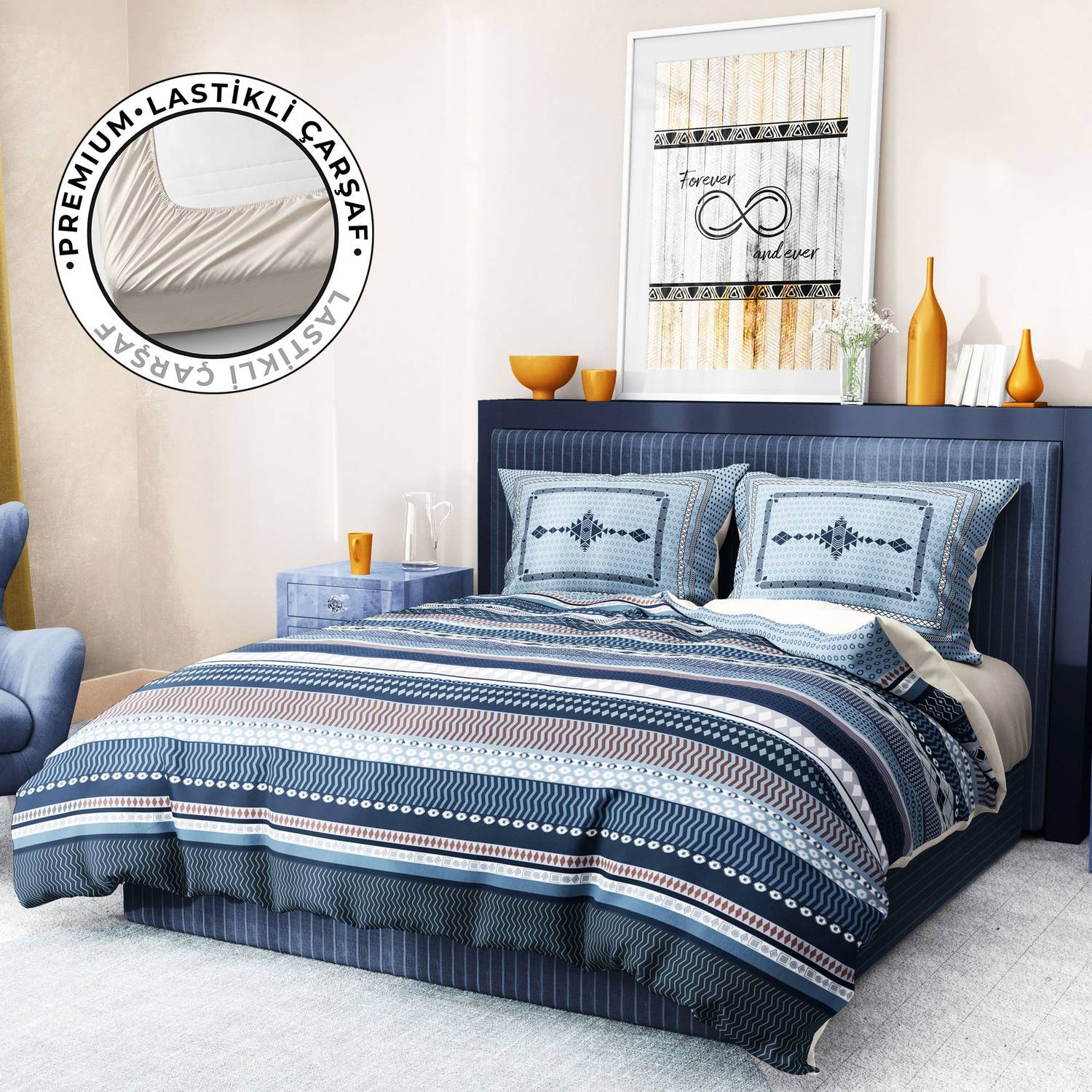 طقم غطاء لحاف مزدوج فاخر مونوهوم بريميوم ثلاثي الأبعاد باللون الأزرق الساتان القطني