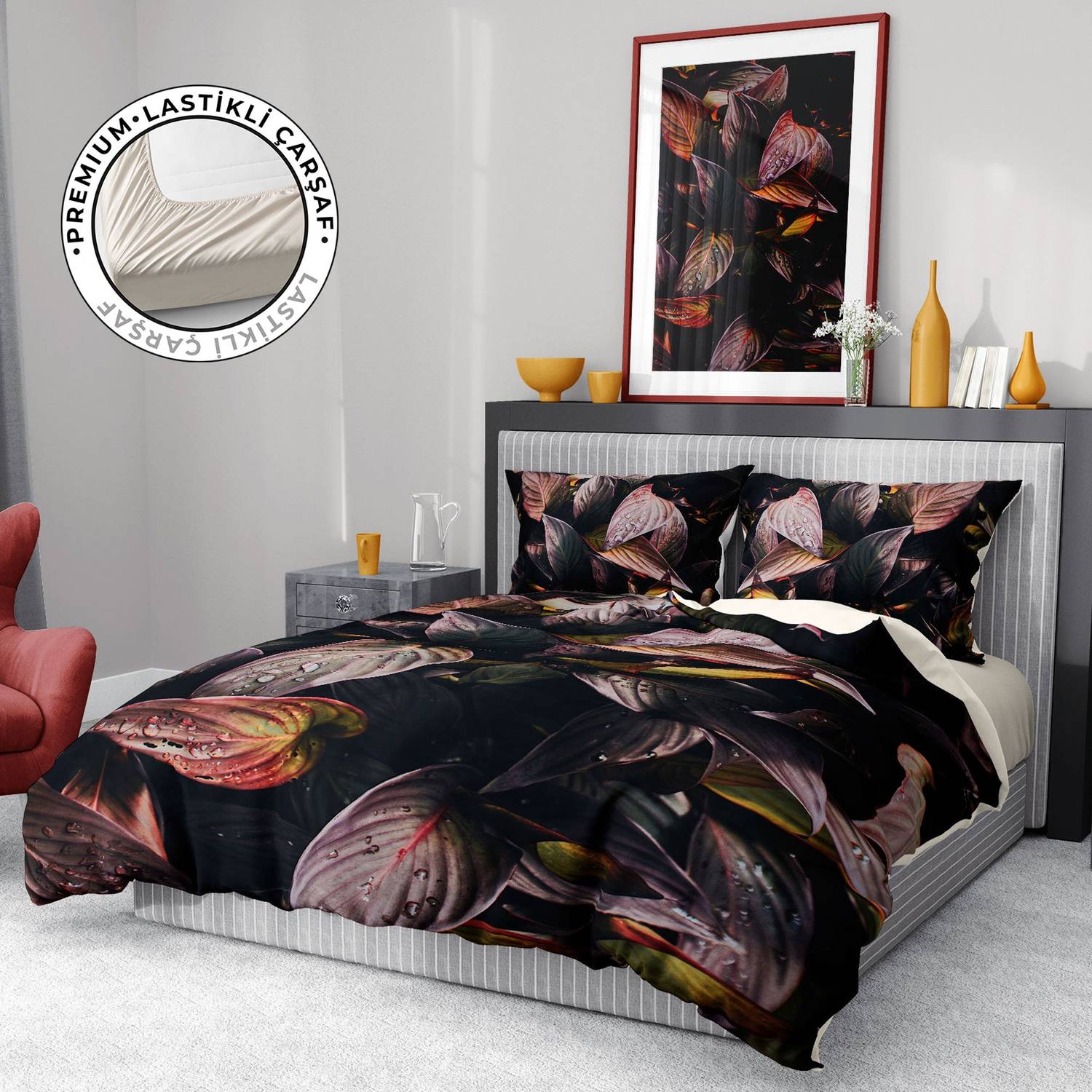 طقم غطاء لحاف مزدوج فاخر مونوهوم فاخر بأوراق الخريف من الساتان القطني ثلاثي الأبعاد