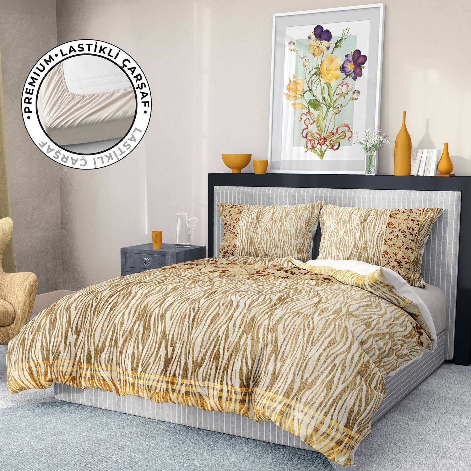 Monohome Premium Luxury Double Duvet Cover Set 3D Cotton Satin Gold Zebra