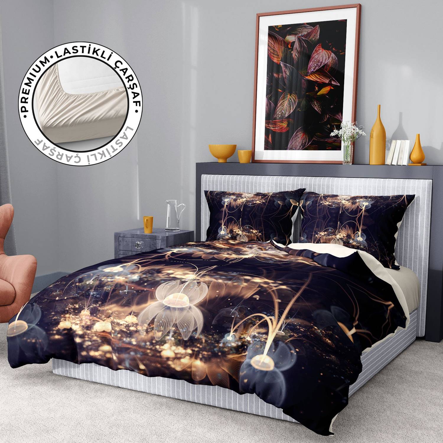 طقم غطاء لحاف مزدوج فاخر فاخر من Monohome مصنوع من القطن الساتان ثلاثي الأبعاد باللون البني اللوتس