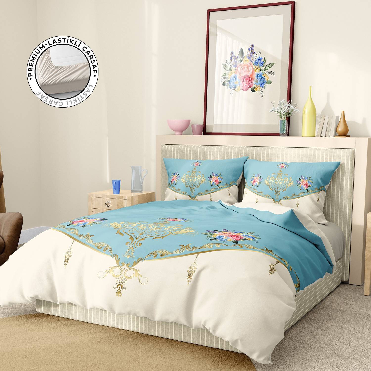 طقم غطاء لحاف مزدوج فاخر أحادي المنزل مصنوع من الساتان القطني ثلاثي الأبعاد وأنيق