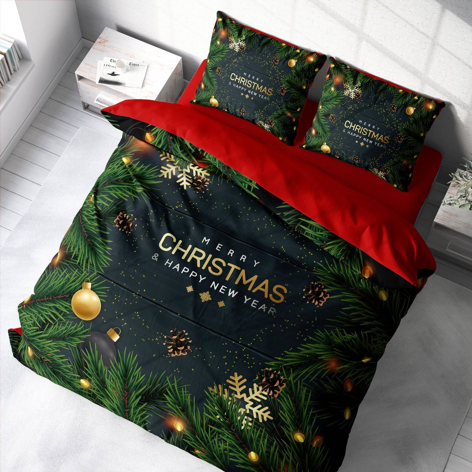 Набор постельного белья Monohome Merry Christmas, 3D, две персоны, 100% хлопок, размер 200x220 см, с подушками и простыней, яркие цвета