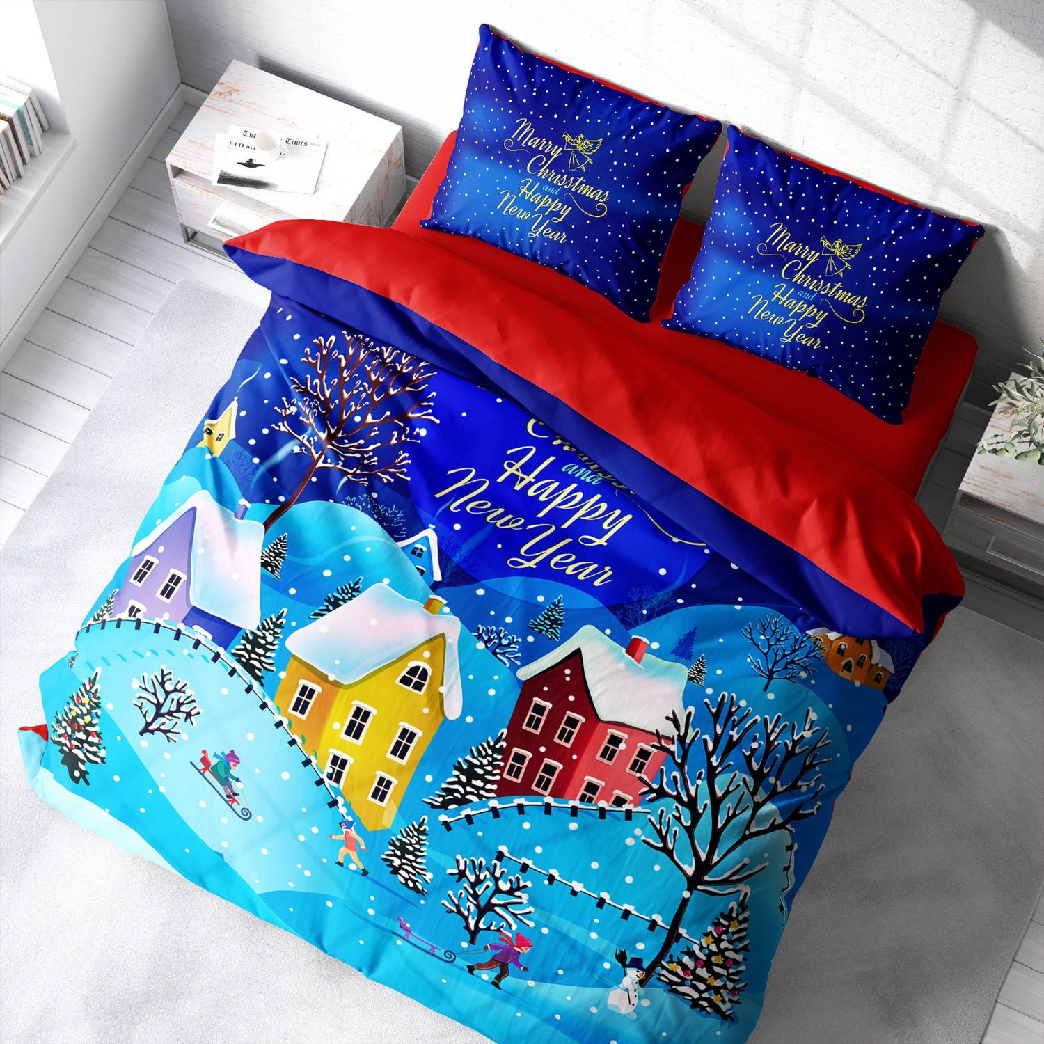 Monohome Christmas Ornament Merry Christmas Double 3D Duvet Cover Set Cotton Satin Snow