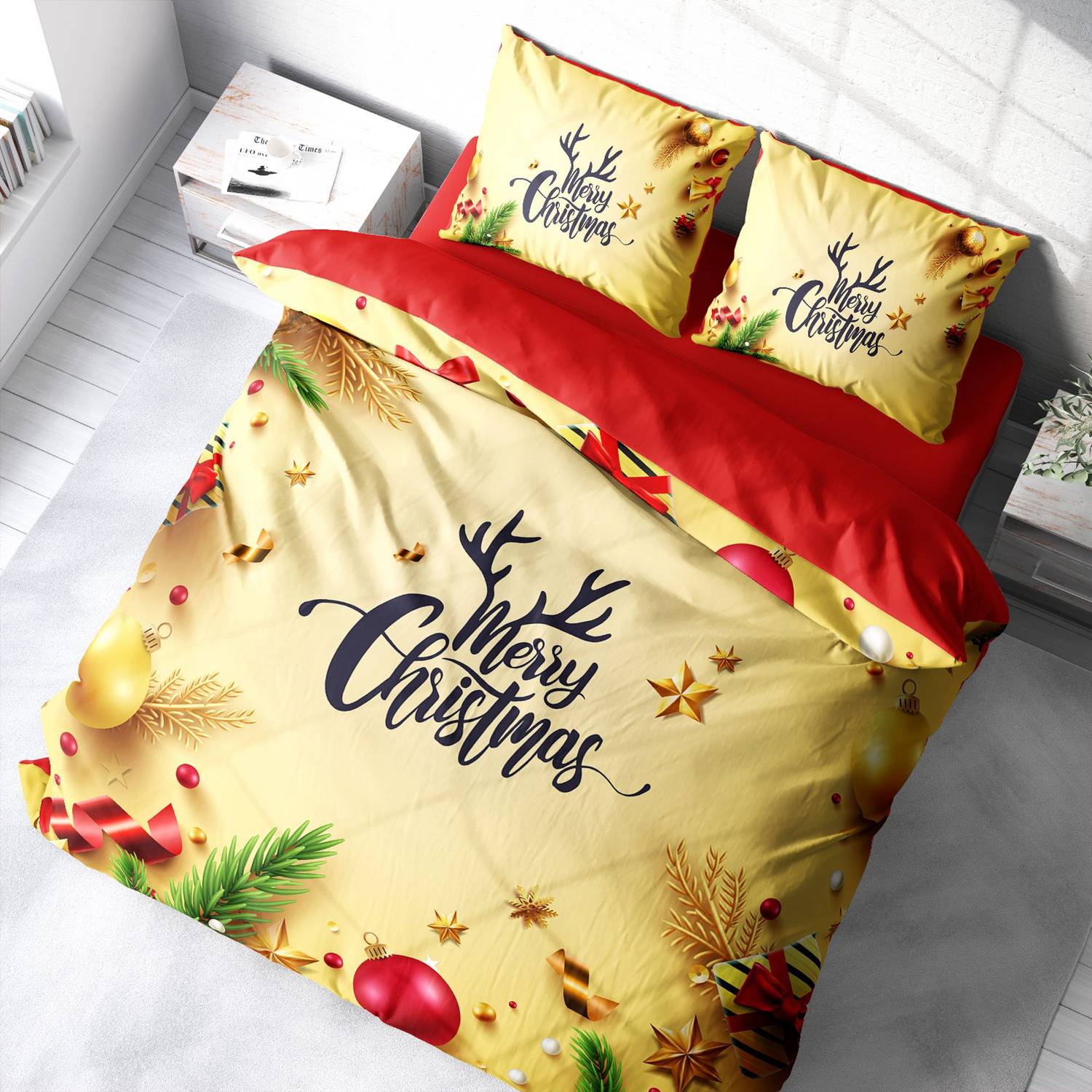 Комплект постельного белья Monohome Merry Christmas, двуспальный, 3D, 200x220 см, хлопковый сатин, желтый, с живыми цветами и оригинальным дизайном