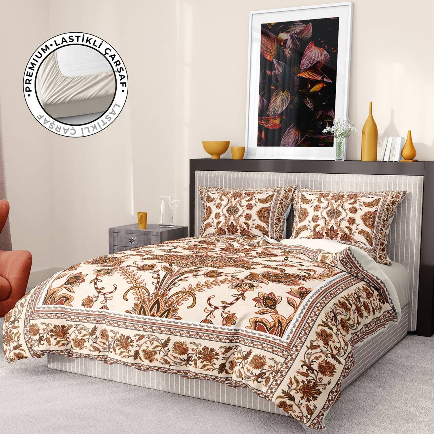 Monohome Premium Luxury Double Duvet Cover Set 3D Cotton Satin Brown Figure