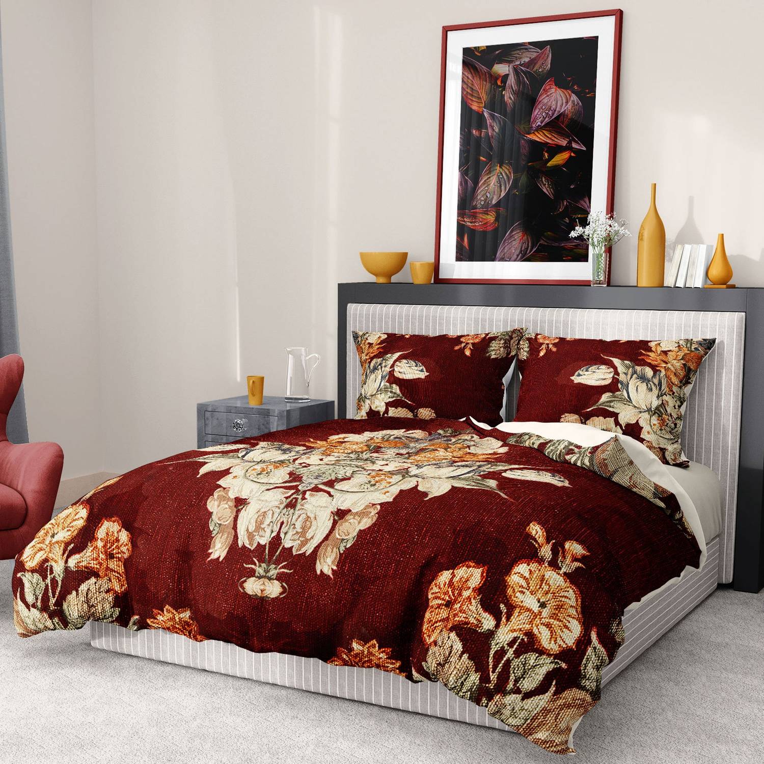 Monohome Premium Luxury Double Duvet Cover Set 3D Cotton Satin Glazed Bouquet