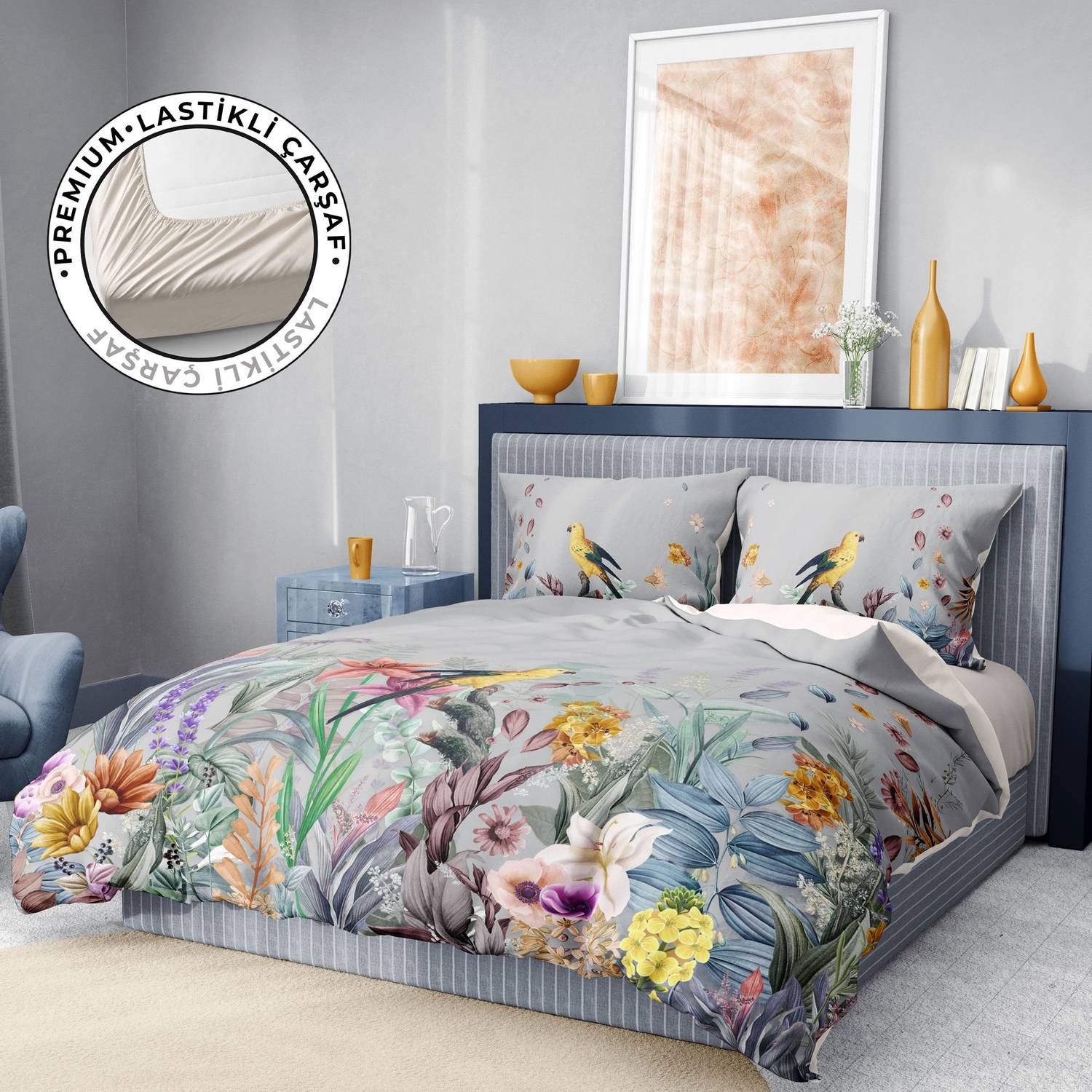 Набор постельного белья MonoHome Premium Luxury с 3D узором "Цветы леса" для двойной кровати, 82 нитки, органический хлопок, яркие цвета и комфорт