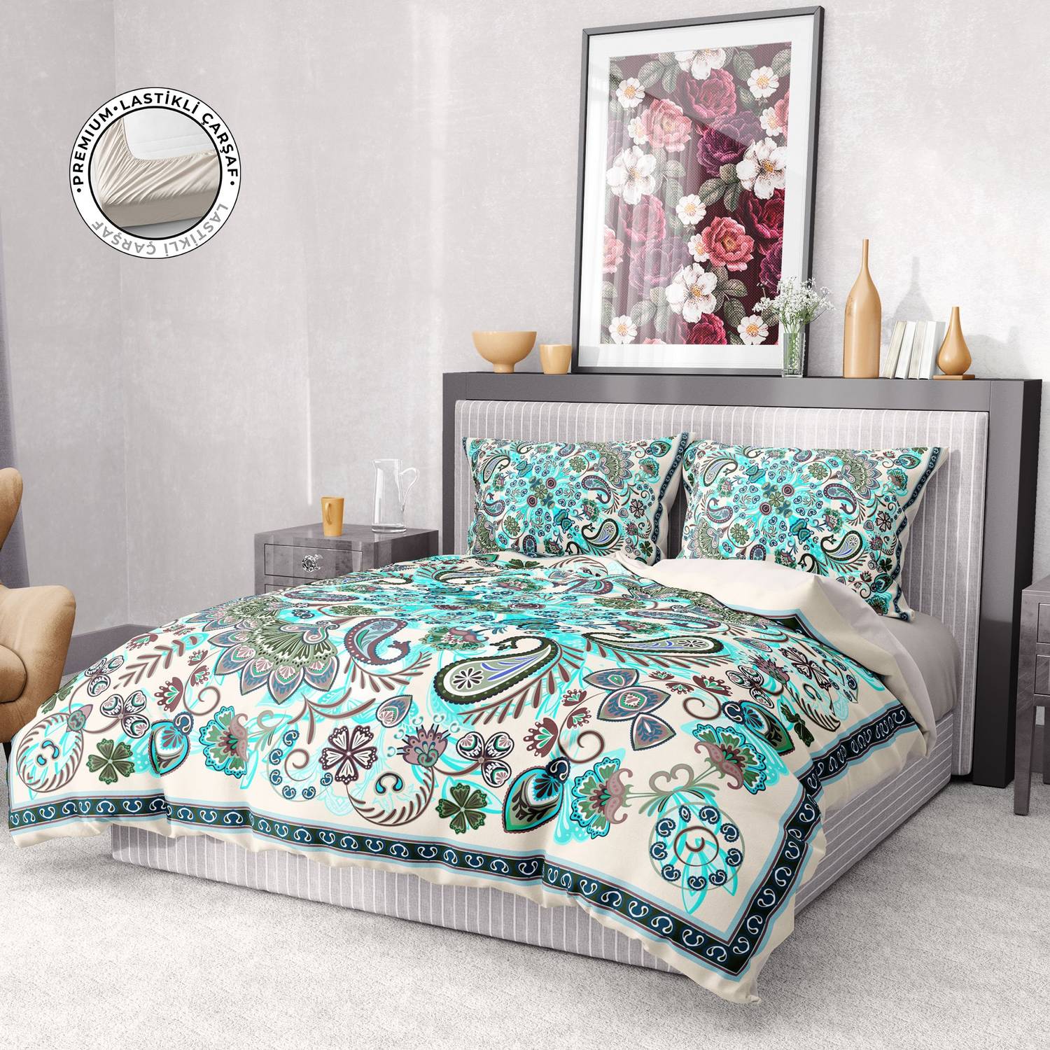 Monohome Premium Luxury Double Duvet Cover Set 3D Cotton Satin Blue Paisley