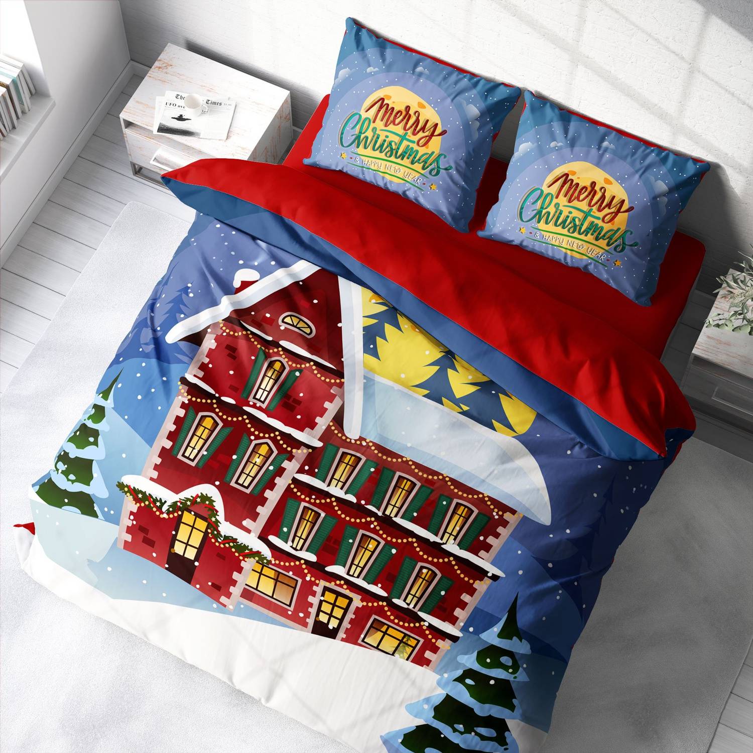 Набір білизни Merry Christmas з 3D ефектом, двоспальний, 200x220 см, сатин, елітна якість, живі кольори, з подушками 50x70 см, комфортний сон