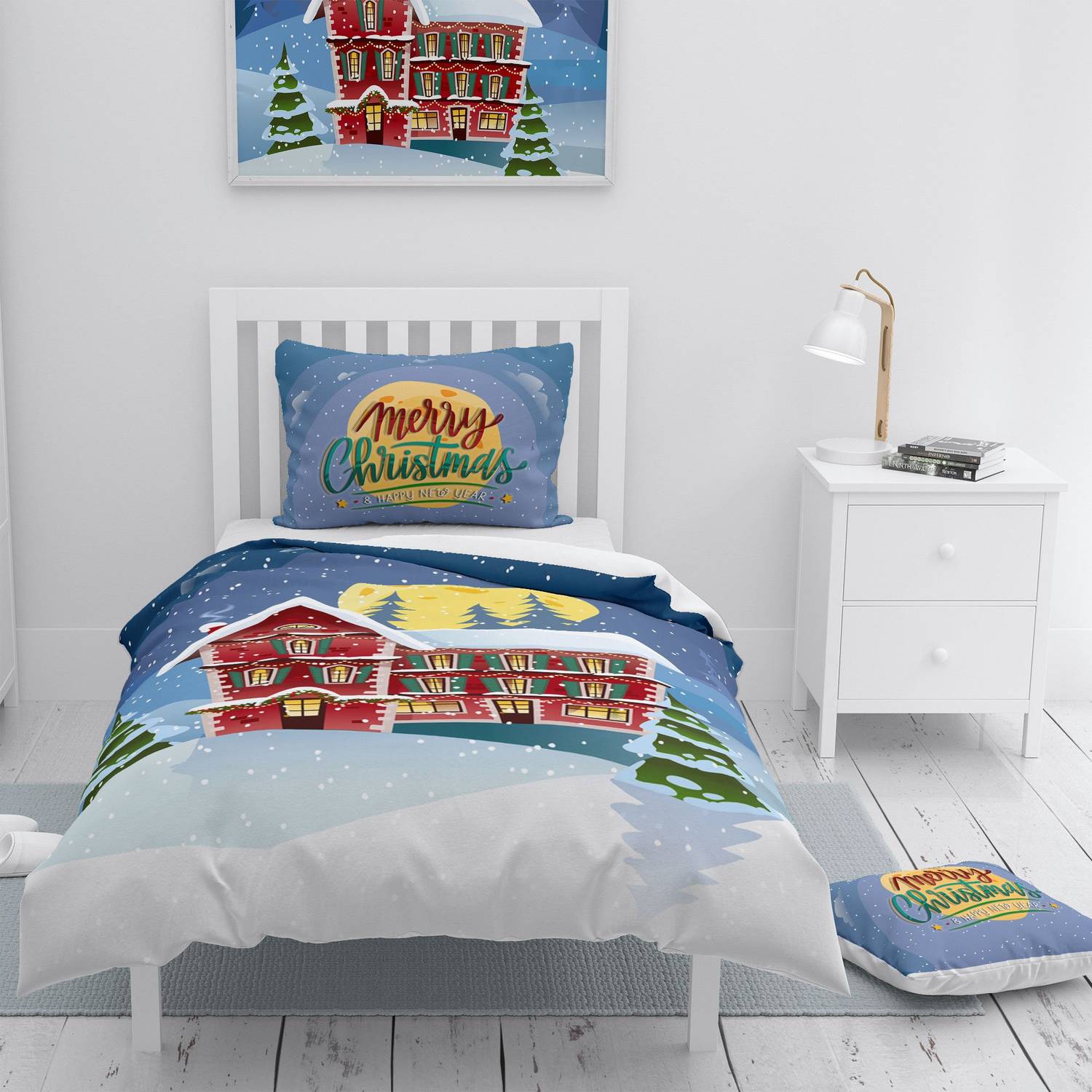 Новорічний 3D постільний комплект MonoHome Merry Christmas, бавовняний сатин 160x220 см, яскраві кольори, оксфордська подушка