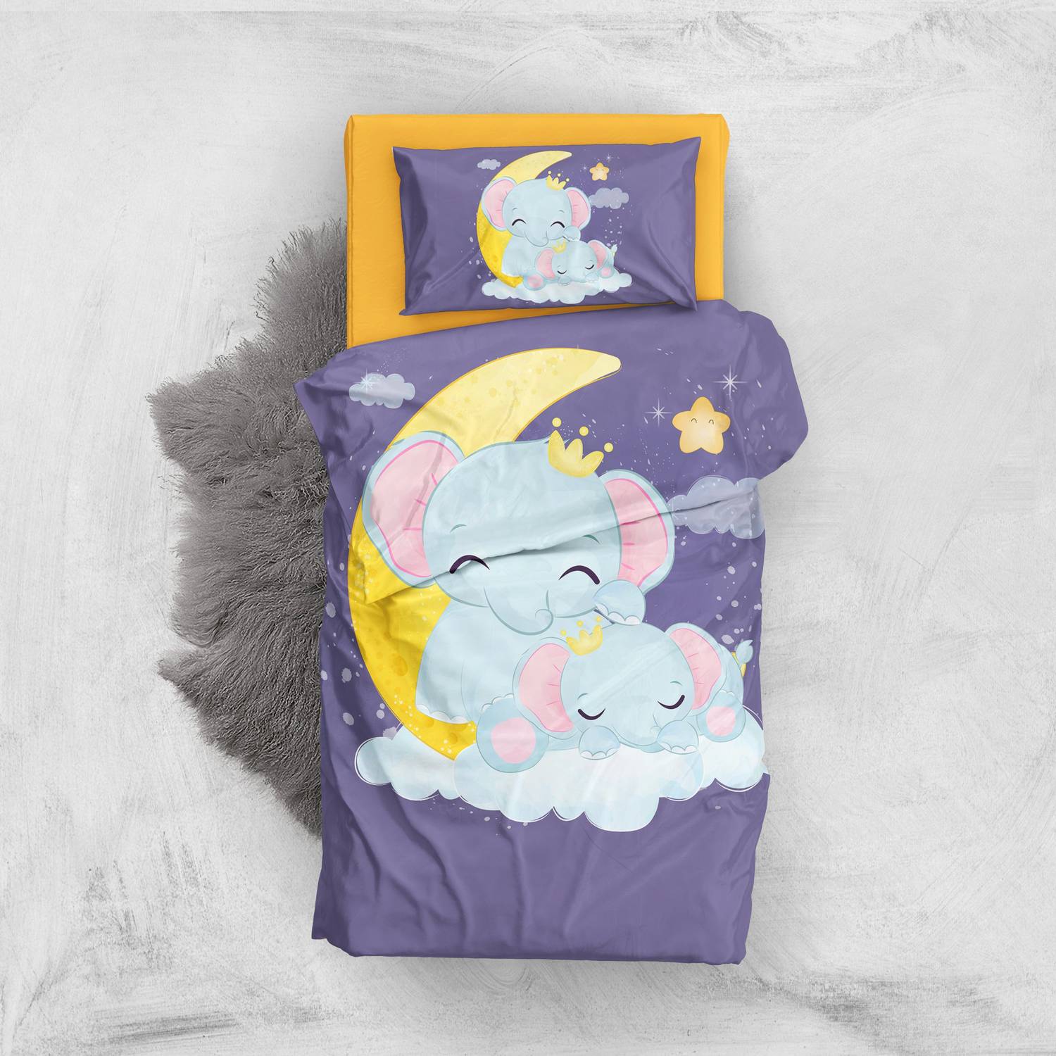 MonoHome Purple Elephant 3D Cotton Satin Baby Duvet Cover Set