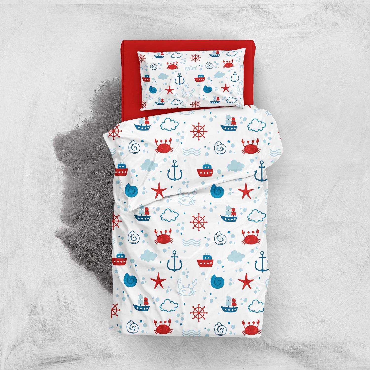 Комплект постільної білизни для немовлят MonoHome Marine 3D з бавовняного сатину, яскравий цифровий принт, антиалергенний, м'яка та повітропроникна тканина