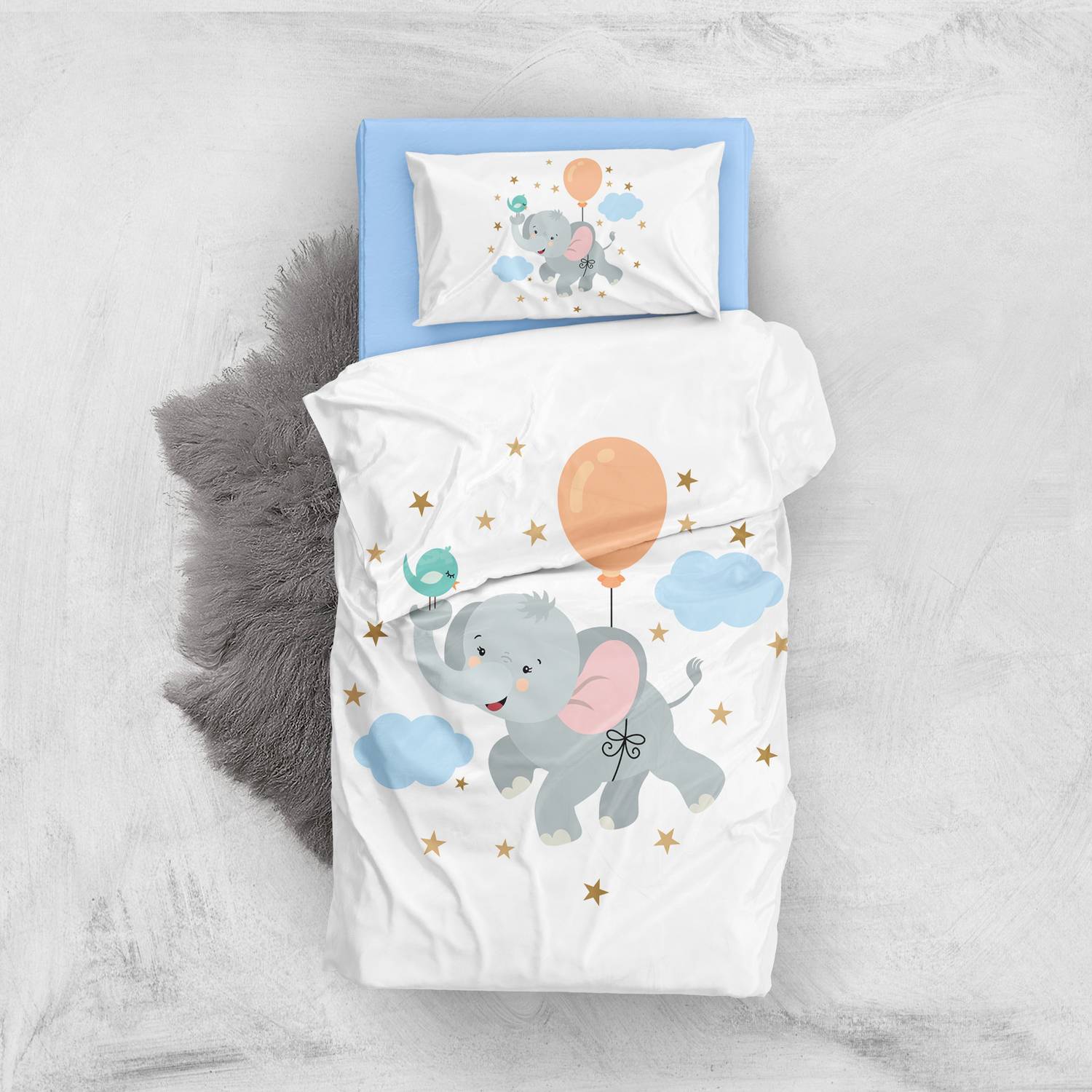 MonoHome Blue Elephant 3D Cotton Satin Baby Duvet Cover Set