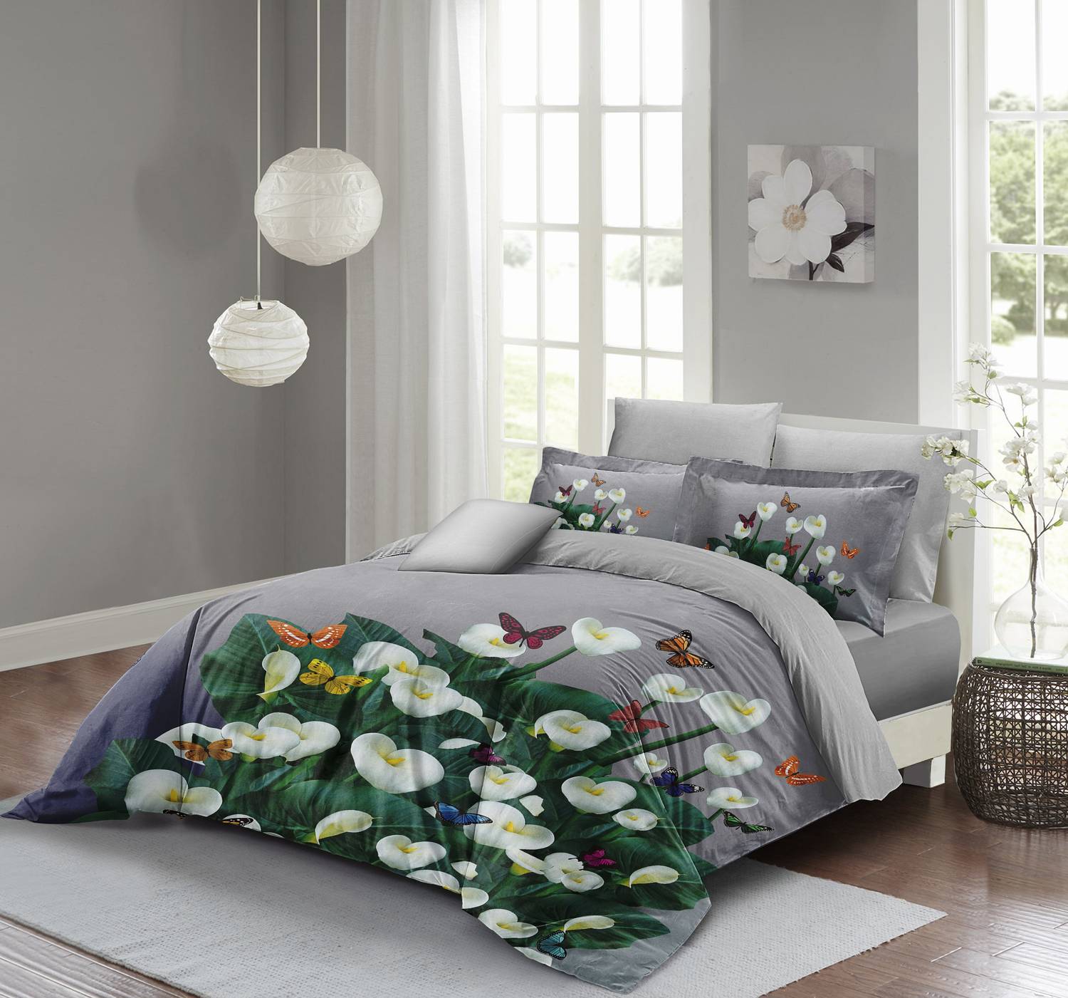 Комплект постельного белья MonoHome Цветочные Весенние Серые Двуспальные Наволочки 3D Хлопковый Сатин 200x220 см с Оксфордскими Наволочками