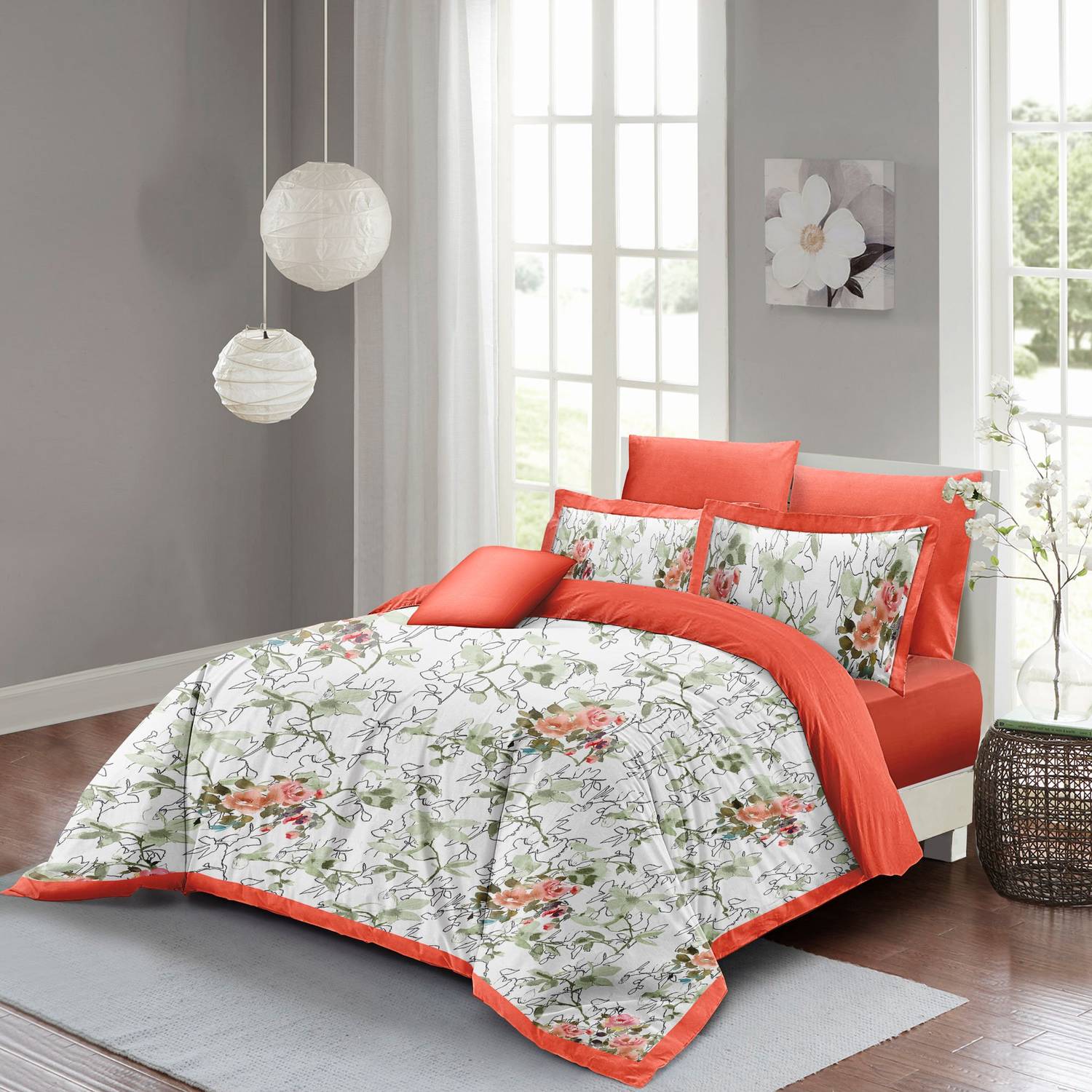 MonoHome Çiçekli Somon Çift Kişilik Nevresim Takımı 3D Pamuk Saten