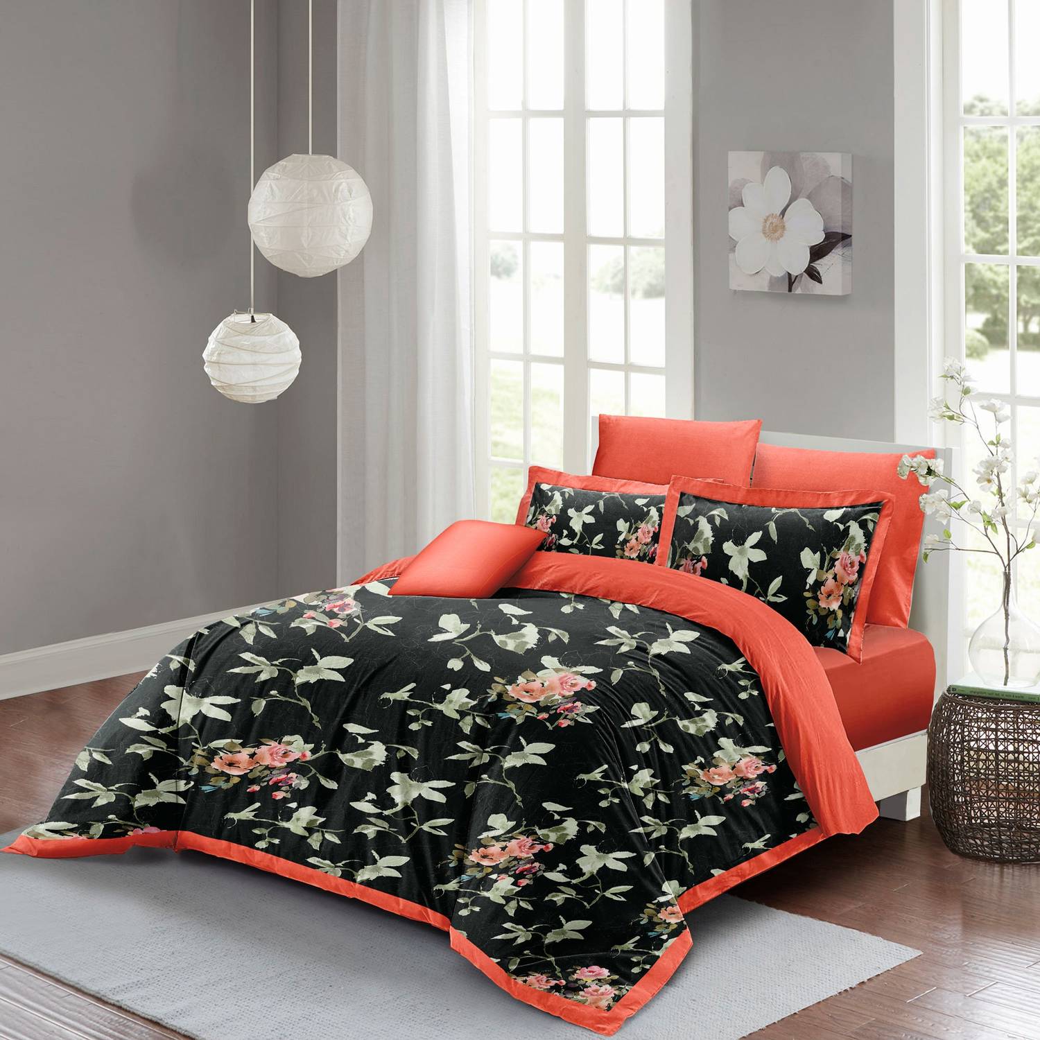 طقم غطاء لحاف مزدوج بزهرة السلمون الأسود MonoHome قطن ساتان ثلاثي الأبعاد