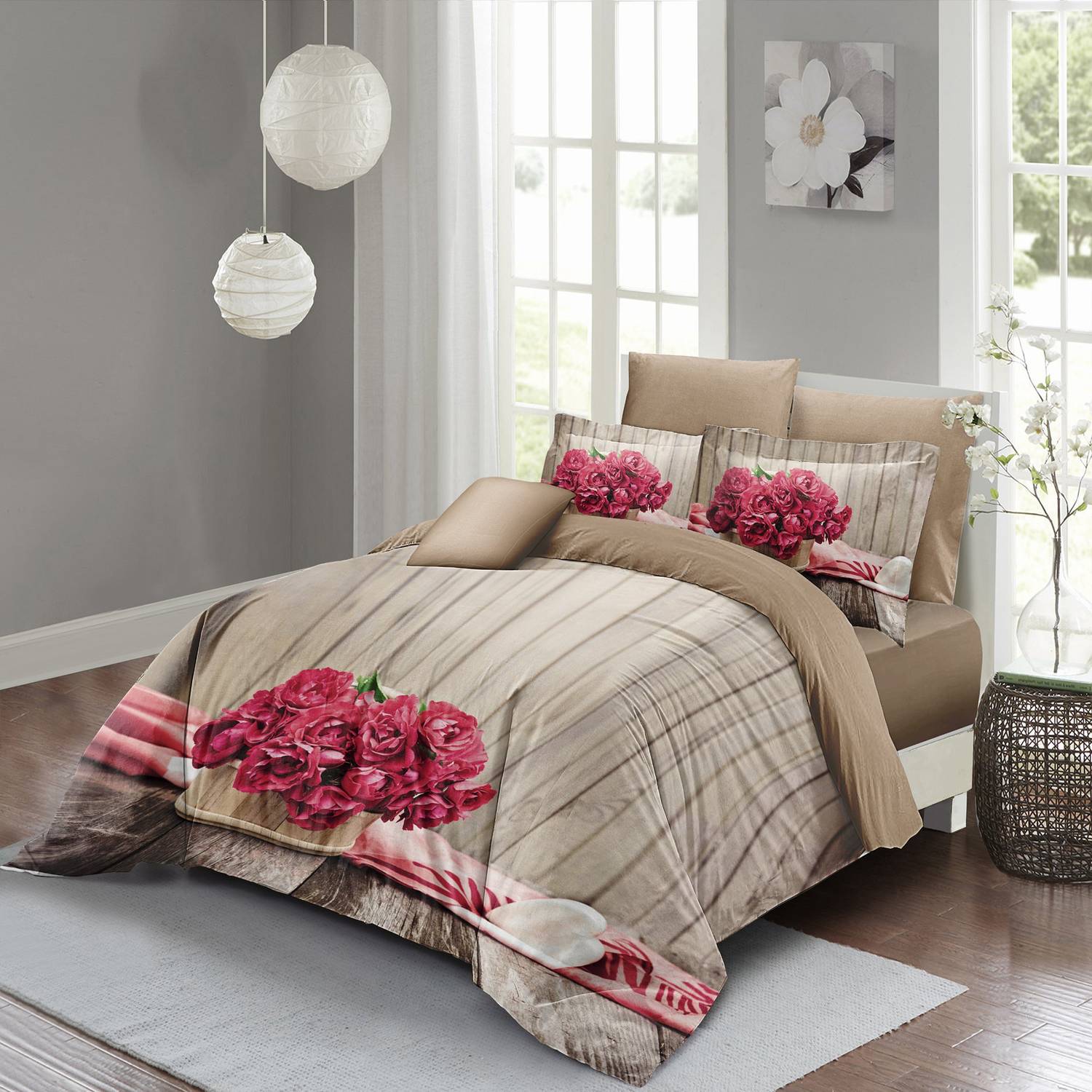 Комплект постельного белья MonoHome "Розовые Цветы" 3D из хлопкового сатина для двуспальной кровати, живые цвета, мягкая текстура, размер 200x220 см