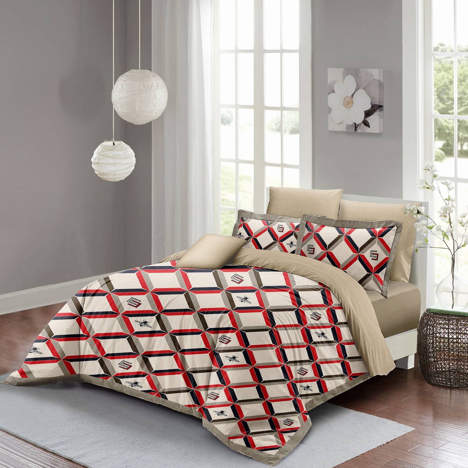 Комплект постільної білизни MonoHome з геометричним дизайном, 3D бавовняний сатин для двоспального ліжка, яскраві кольори, розмір 200х220 см