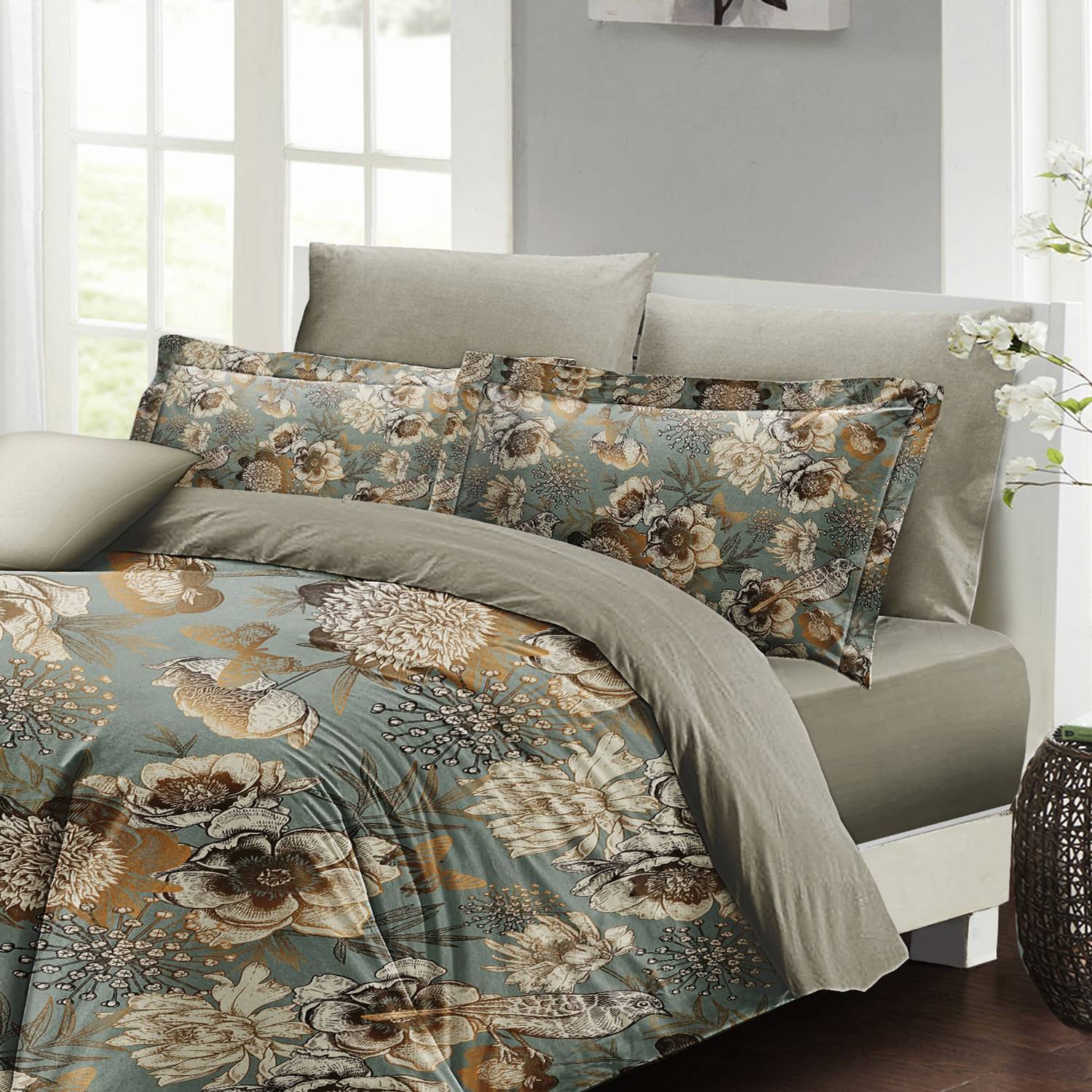 MonoHome Mistique Flowers طقم غطاء لحاف مزدوج من القطن الساتان ثلاثي الأبعاد