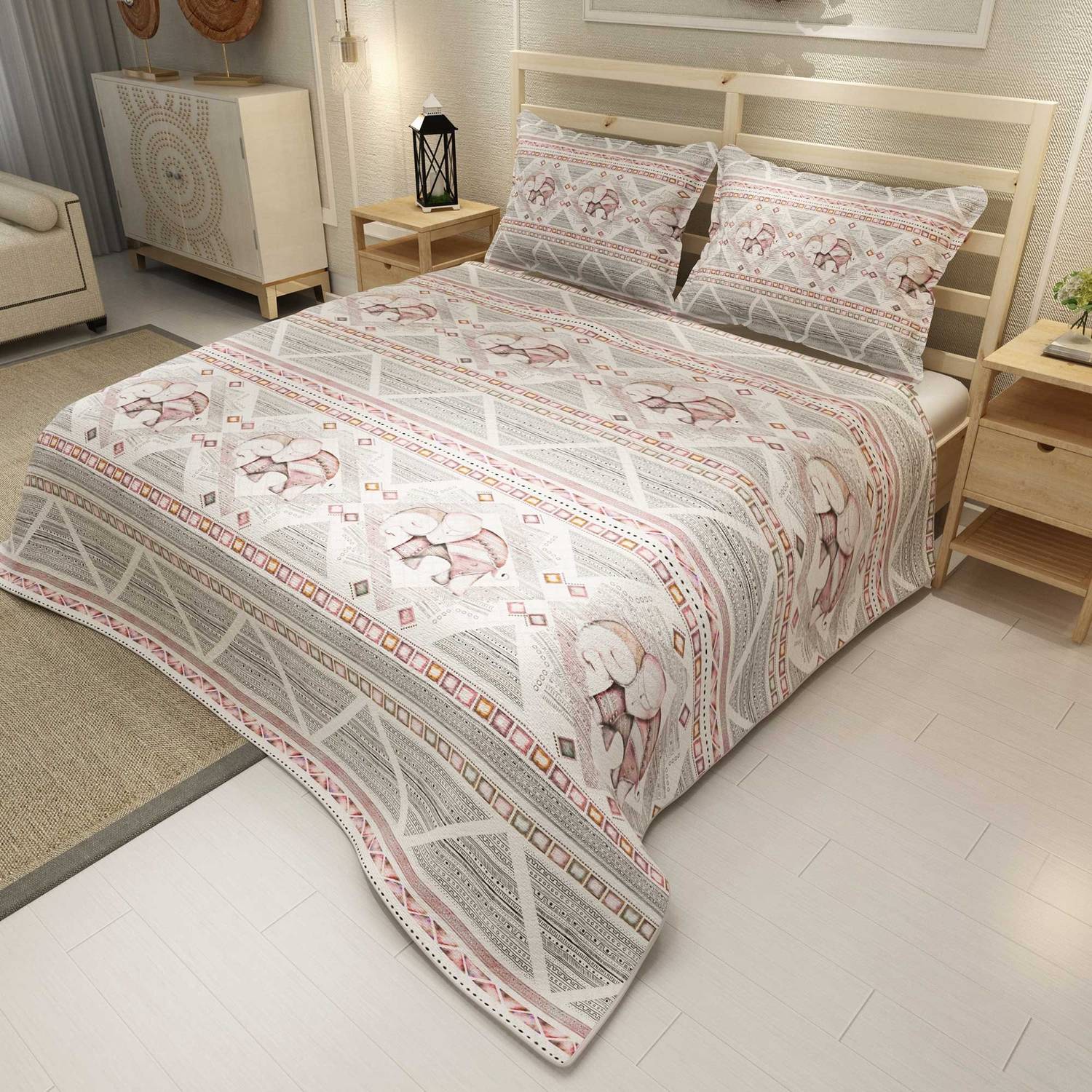 MonoHome Pique Set Jacquard Woven Cotton 3D Digital Print Pink Vintage Elephant