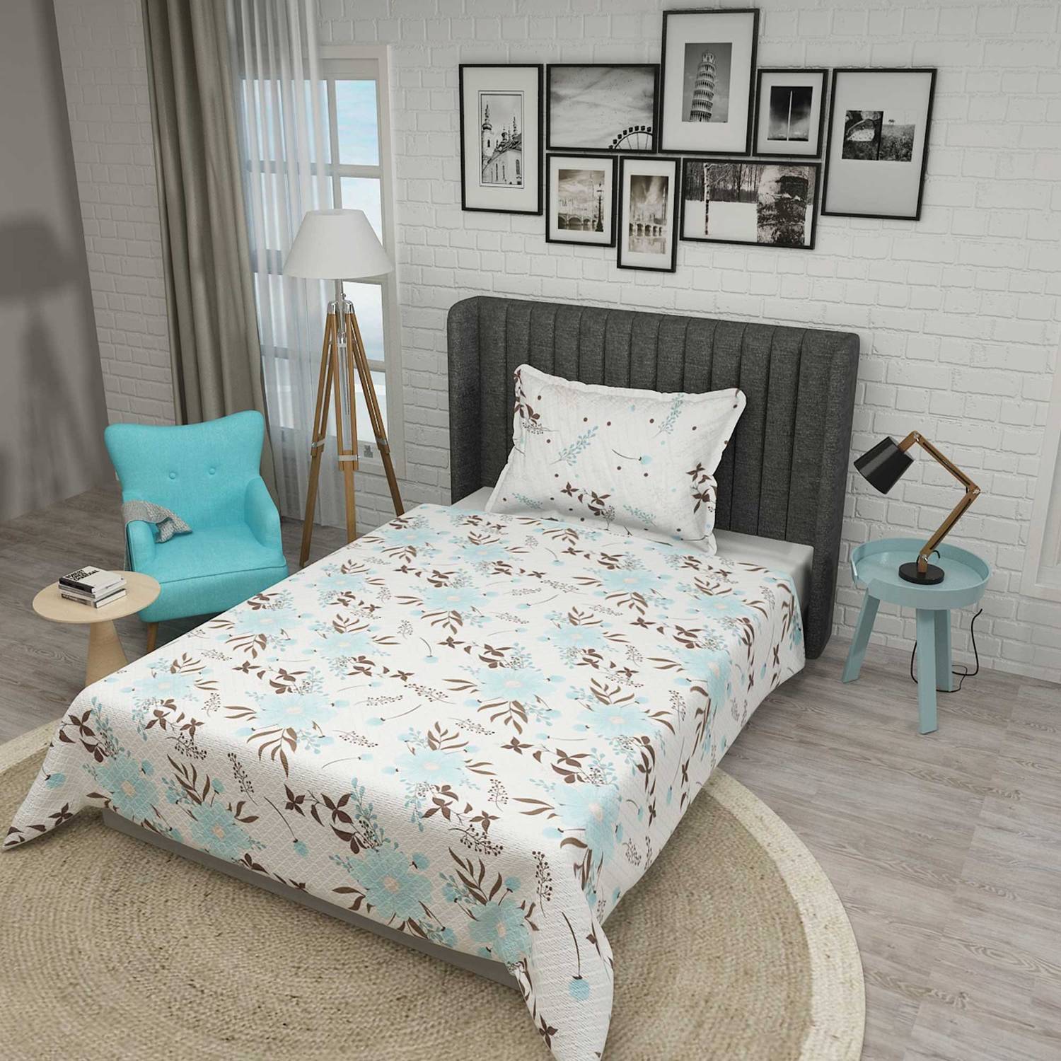 MonoHome Single Pique Set Jacquard Woven Cotton 3D Blue Daisy